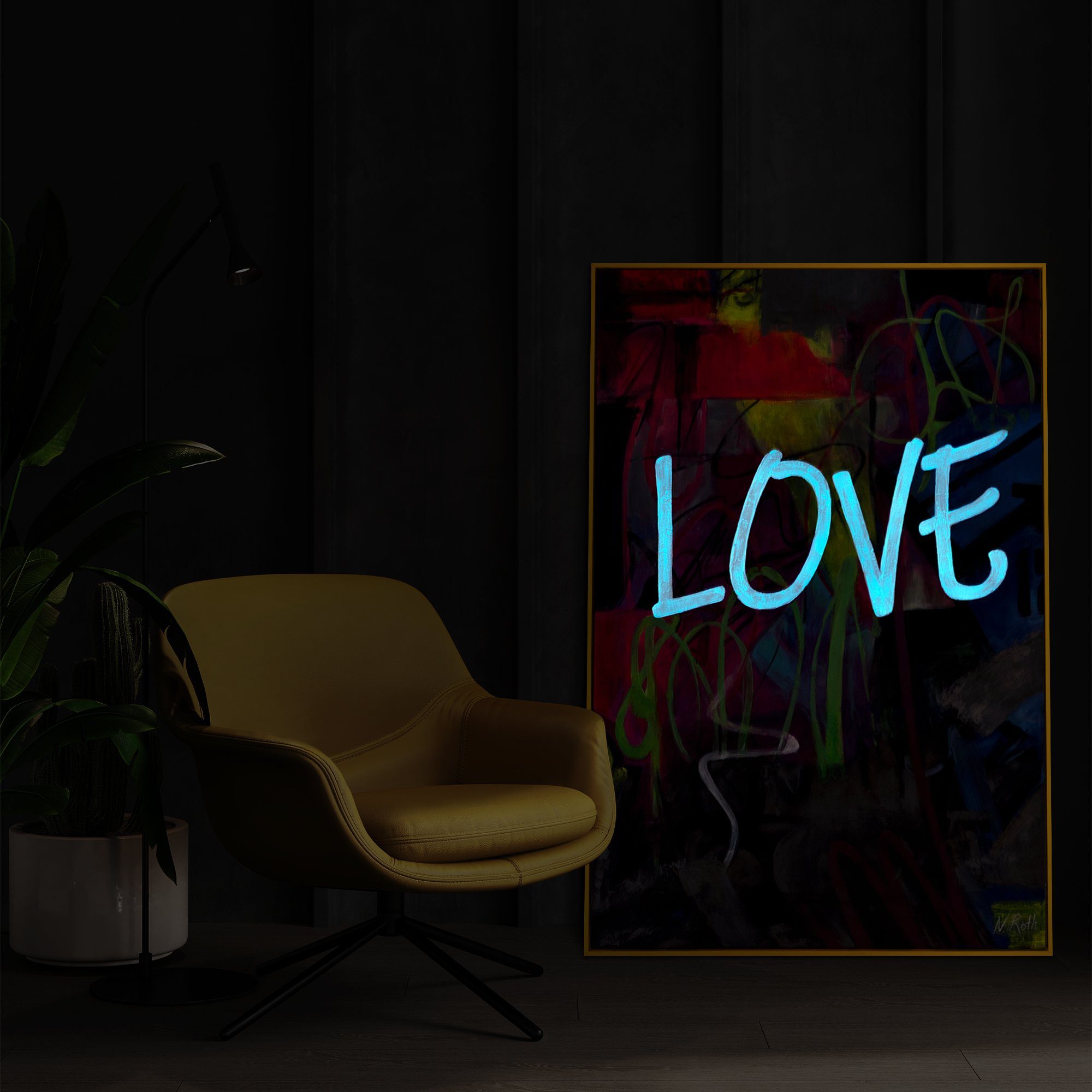 YS-Art Abstraktion Gelb Mit Love, in Rahmen Gemälde