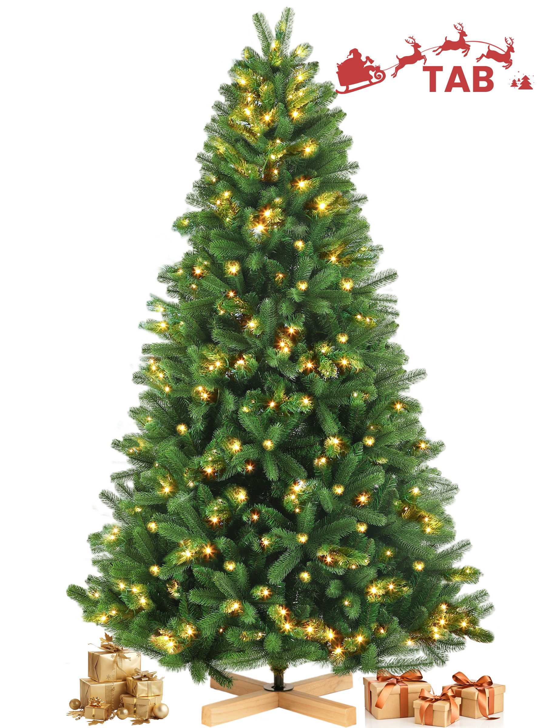 TAB Künstlicher Weihnachtsbaum Gute Qualität Christbaum mit Holzständer, mit 1000 Spitzen und 220 LED Lichtern, Schnellaufbau mit Klappsystem