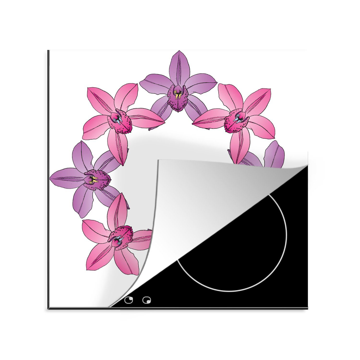 MuchoWow Herdblende-/Abdeckplatte Eine von rosa lila cm, küche von und einem Orchideen, Vektor-Illustration für tlg), Arbeitsplatte (1 Kranz Ceranfeldabdeckung, Vinyl, 78x78