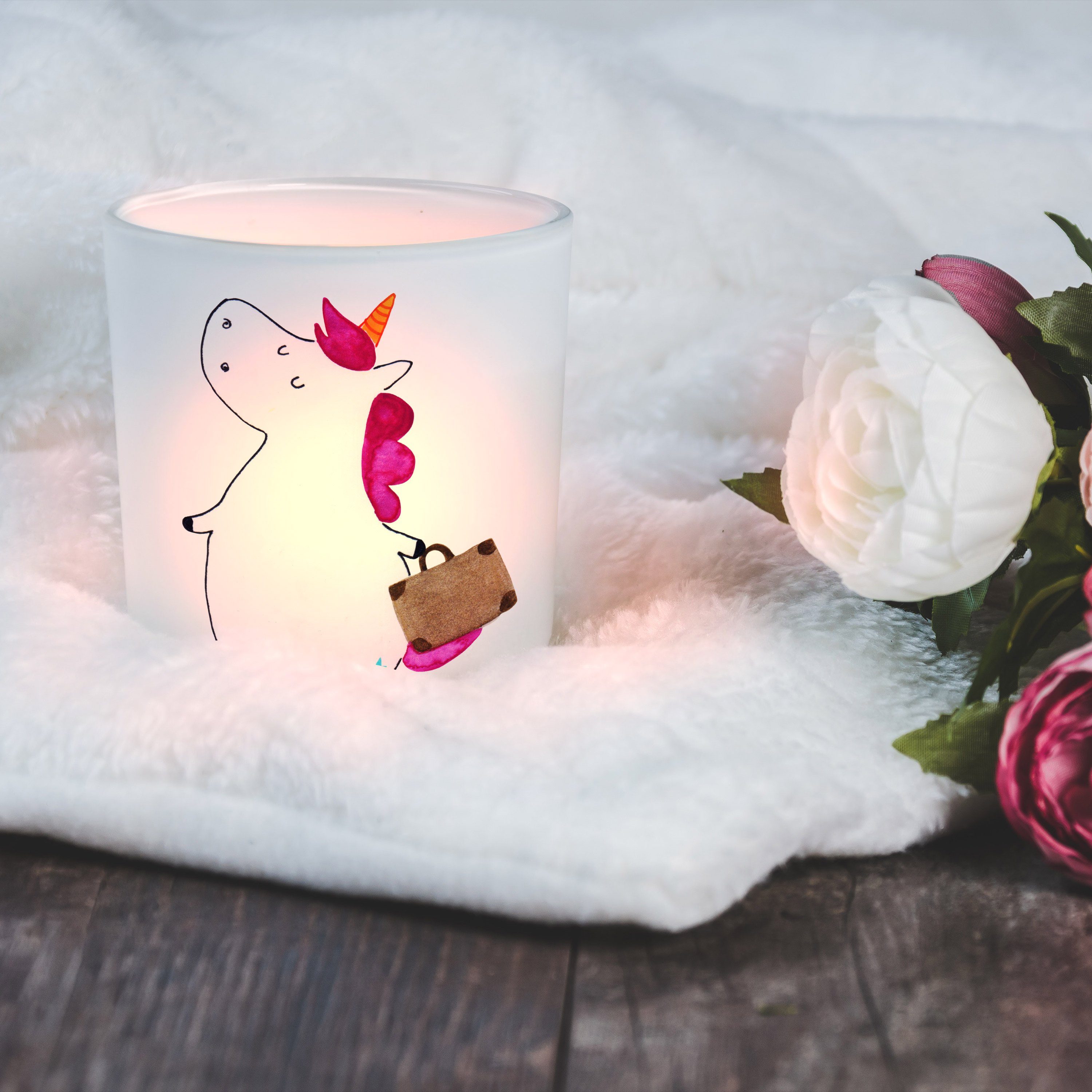 Mr. & Mrs. Panda Windlicht Einhorn Koffer - Transparent - Geschenk, Kerzenglas, Pegasus, Einhörn (1 St)