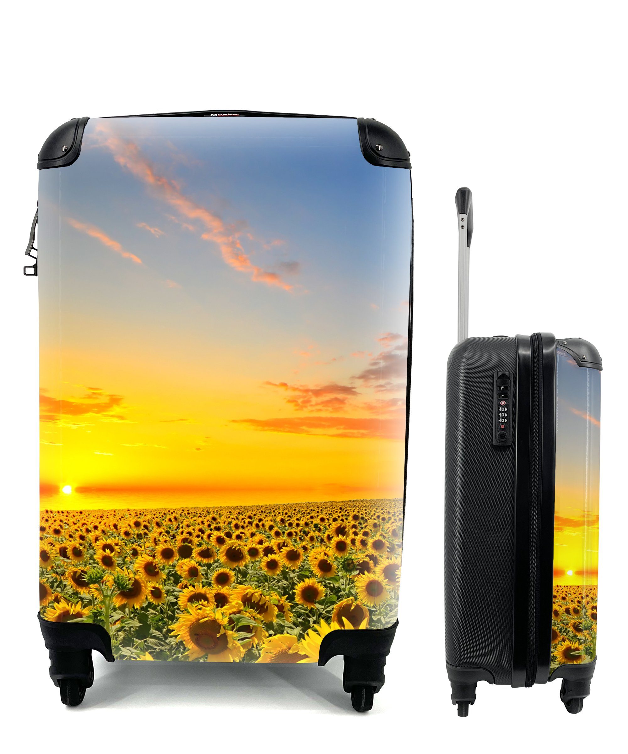 - 4 Orange, - Sonnenuntergang mit Rollen, Reisetasche Reisekoffer Trolley, Handgepäckkoffer MuchoWow Sonnenblume Handgepäck Ferien, für Nacht rollen, Blumen - -