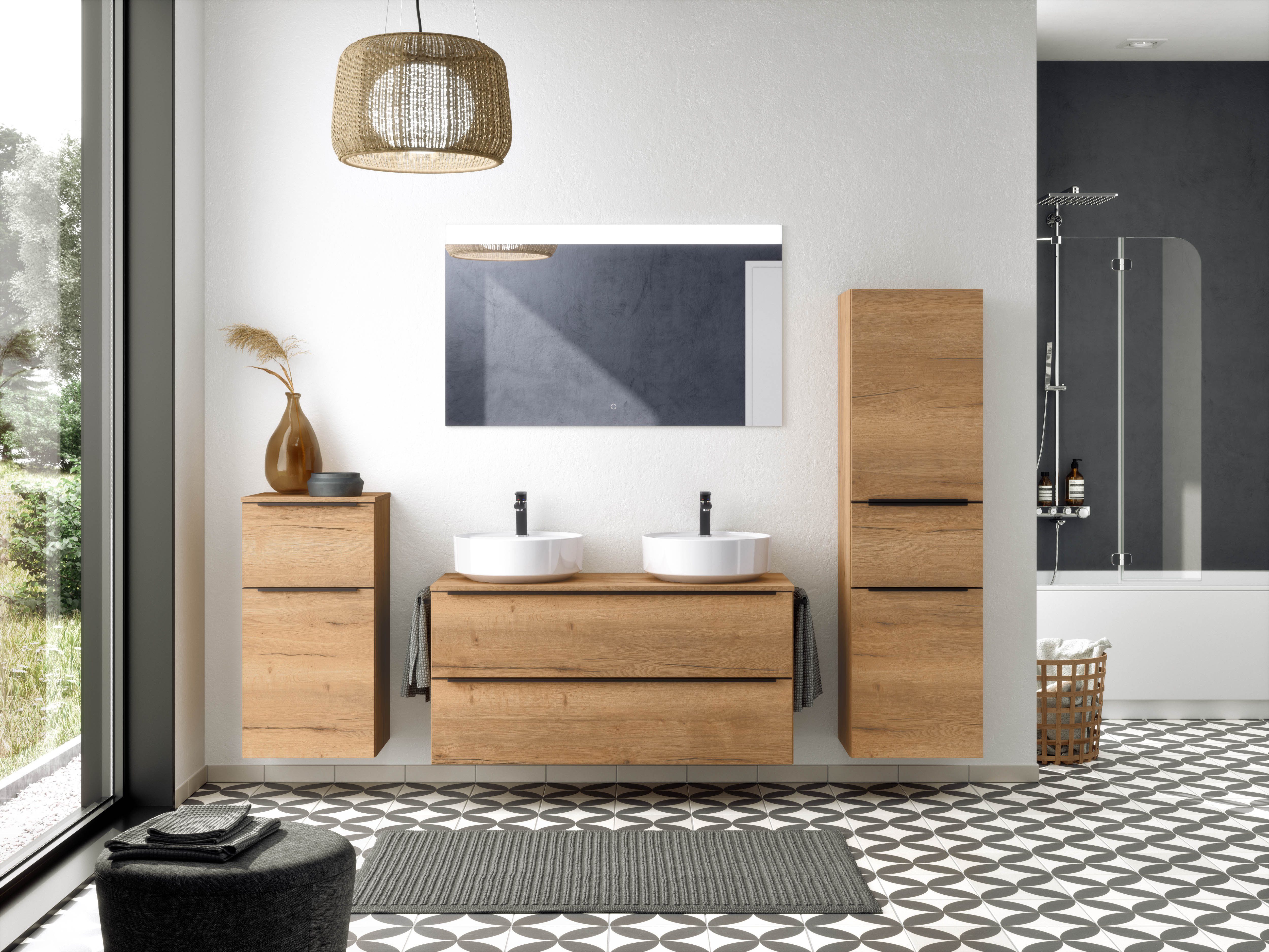 nobilia® Badmöbel-Set Alvene, (4-St., vormontiert, mit Soft-Close), inkl. Spiegel mit Touch-Sensor, in vier Breiten