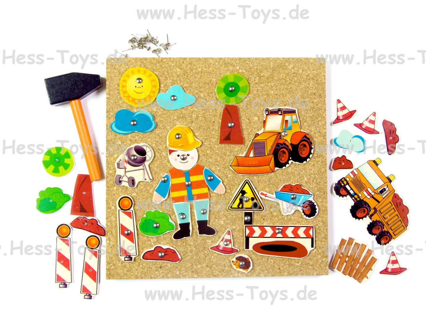 HESS SPIELZEUG Spiel Hammerspiel Baustelle Spielzeug Holzspielzeug Motorik 14937, Inkl. Hammer, Nägel, Motive u. Korkplatte