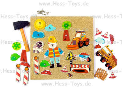 HESS SPIELZEUG Spiel, Hammerspiel Baustelle Spielzeug Holzspielzeug Motorik 14937, Inkl. Hammer, Nägel, Motive u. Korkplatte