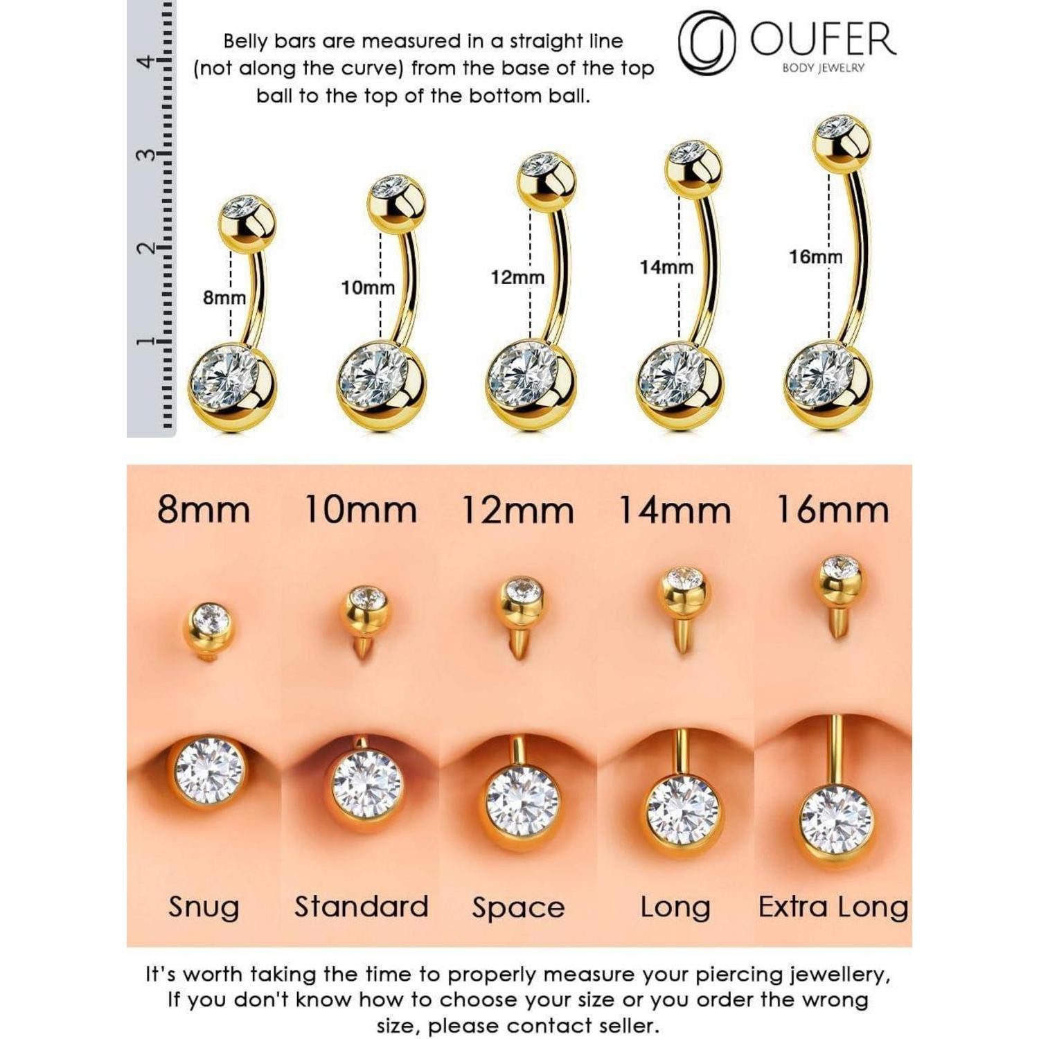 OUFER Bauchnabelpiercing Bauchnabelpiercing Titan Gold 14G 16mm CZ Kugeln Belly Button Piercing