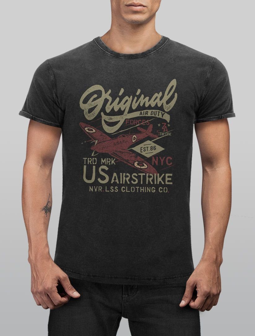Print-Shirt Herren Vintage Shirt US Airforce Army Motiv Spitfire Flugzeug Vintagemotiv Retro Printshirt Used Look Neverless® mit Print