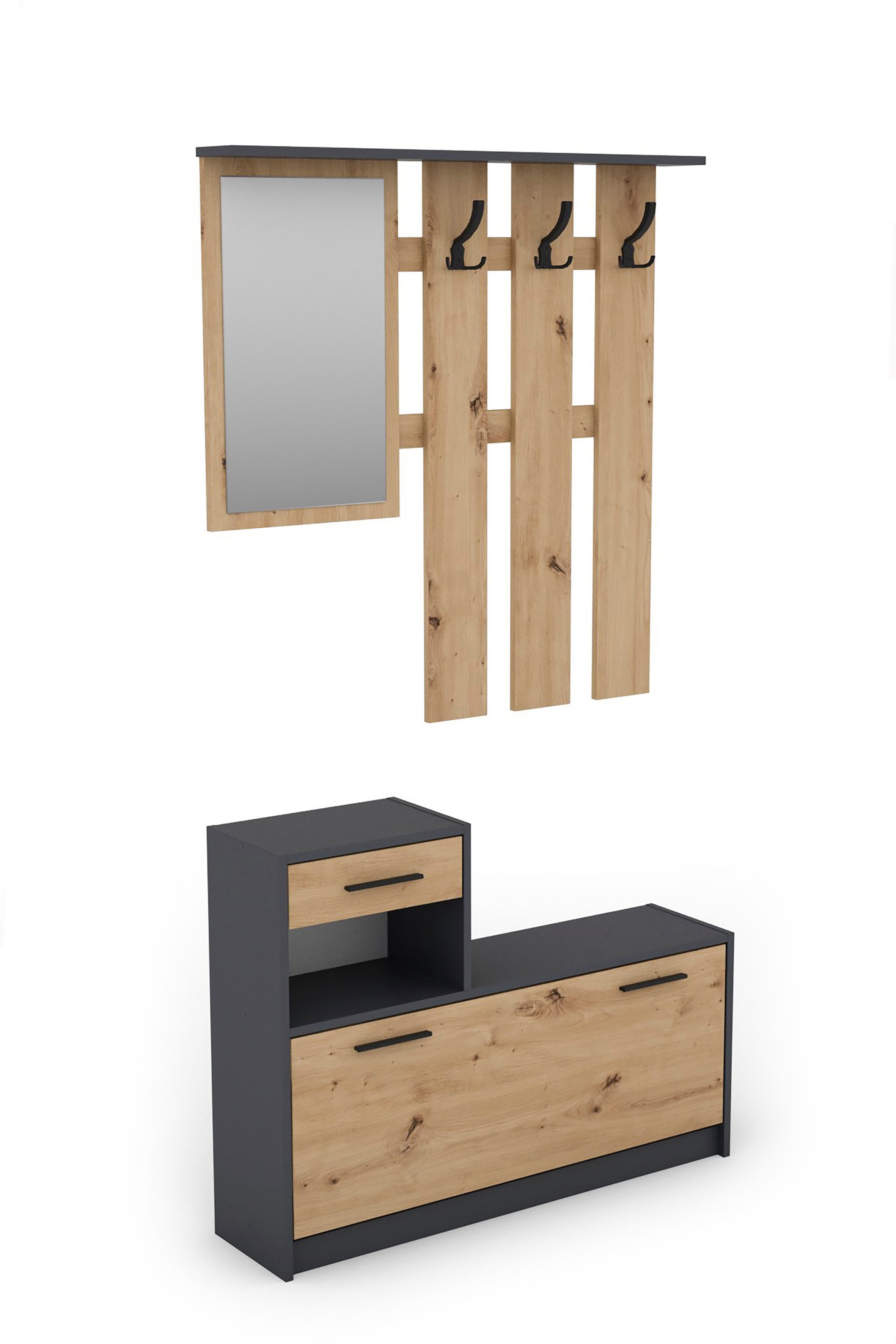 byLIVING Garderoben-Set TAMINA, (in Anthrazit/Old-Wood-Optik oder Weiß/Beton-Optik), Viel Stauraum für Schuhe, mit drei Kleiderhaken, mit Spiegel