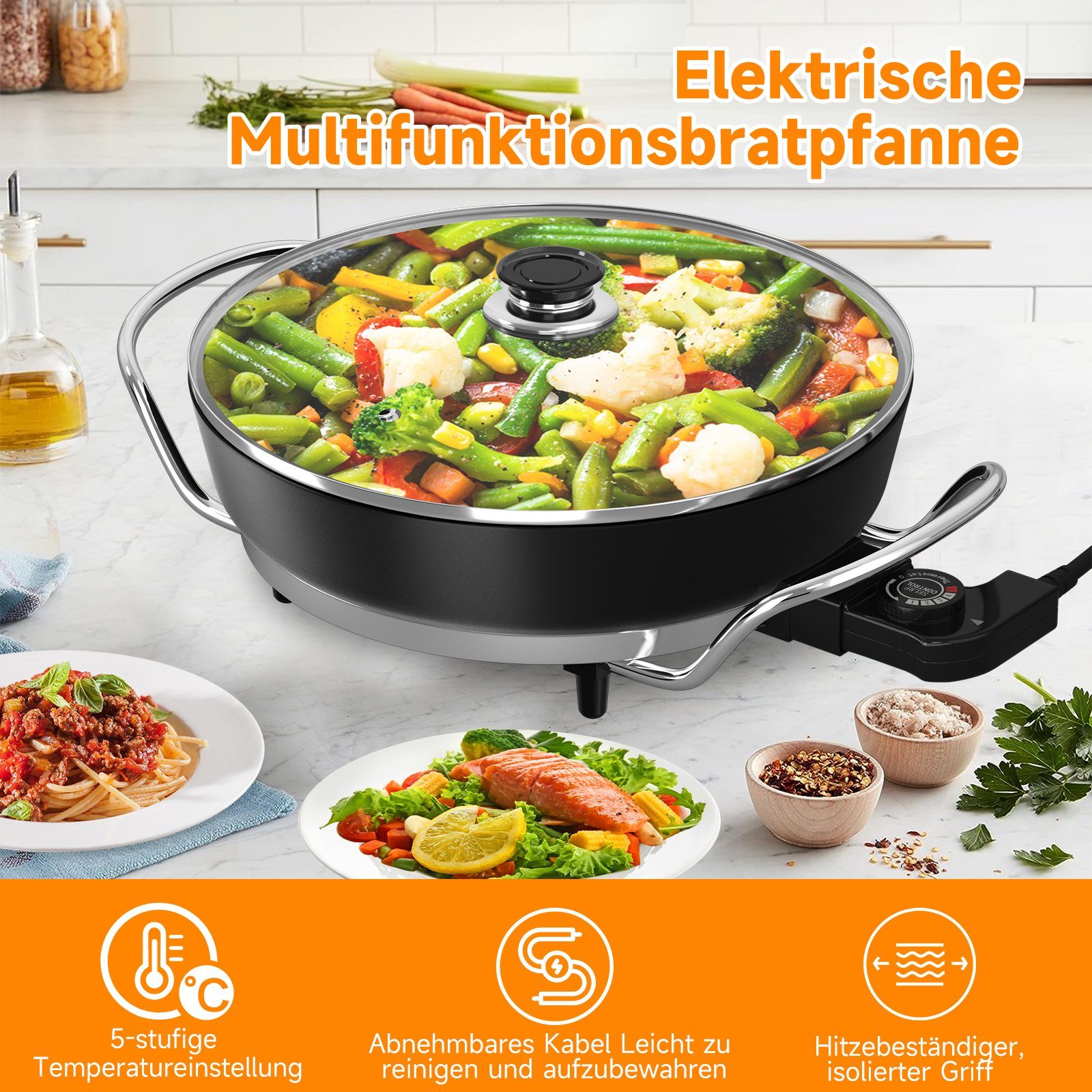 Pizzapfanne decke, Antihaftbeschichtet,5 Wokpfanne 1500,00 Einstellbare mit W, Scheffler Elektropfanne elektrisch pfanne Elektrische mit Elektrische 40cm Temperaturen,8L