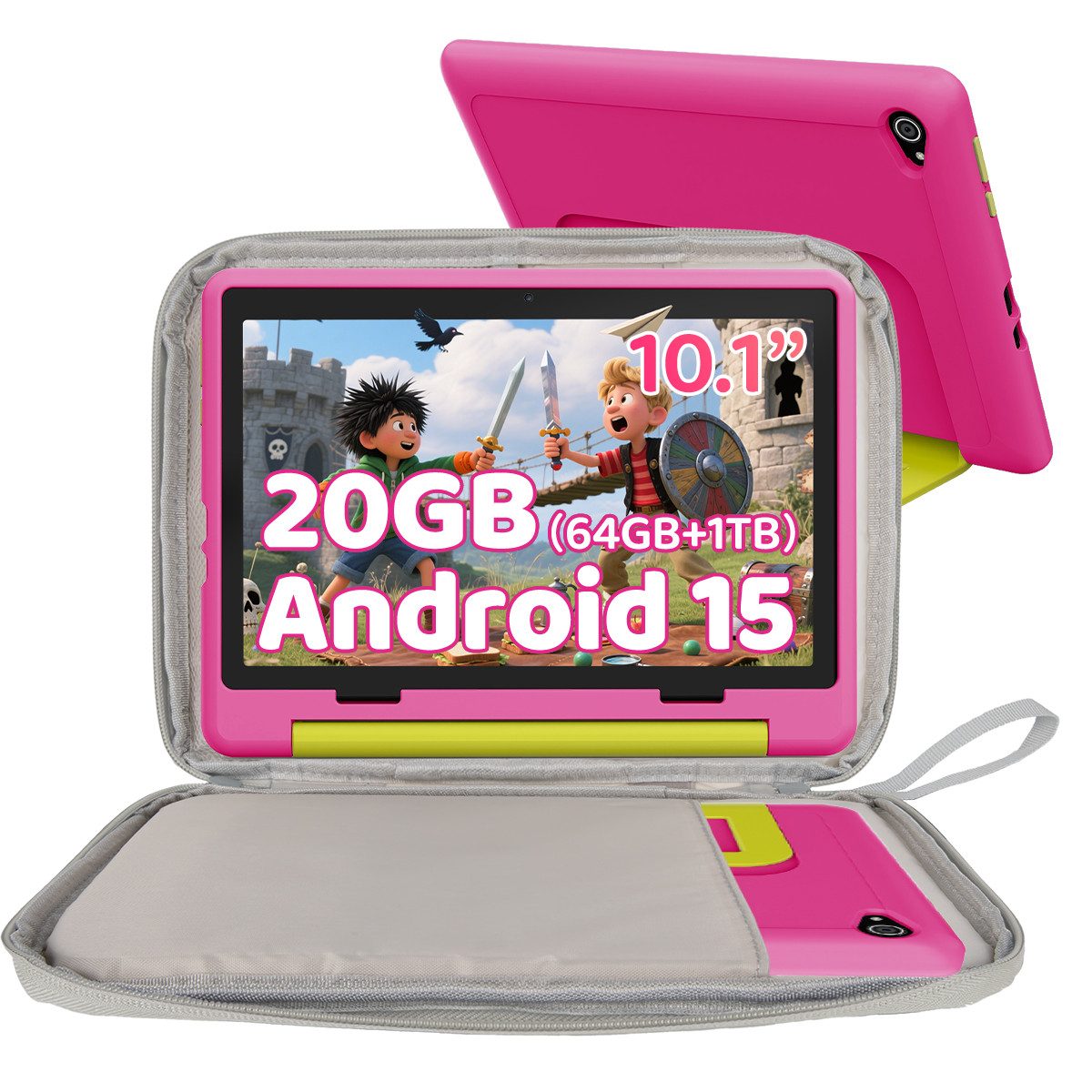 BUFO 10 Zoll 20(3+17)GB RAM+64GB ROM 1280x800 HD-Display Android15 Kinder Tablet (10,1", 64 GB, Android 15, WIFI, Anti-Blaulicht, Vorinstallierte Kinder Lernsoftware, Robustes Design)