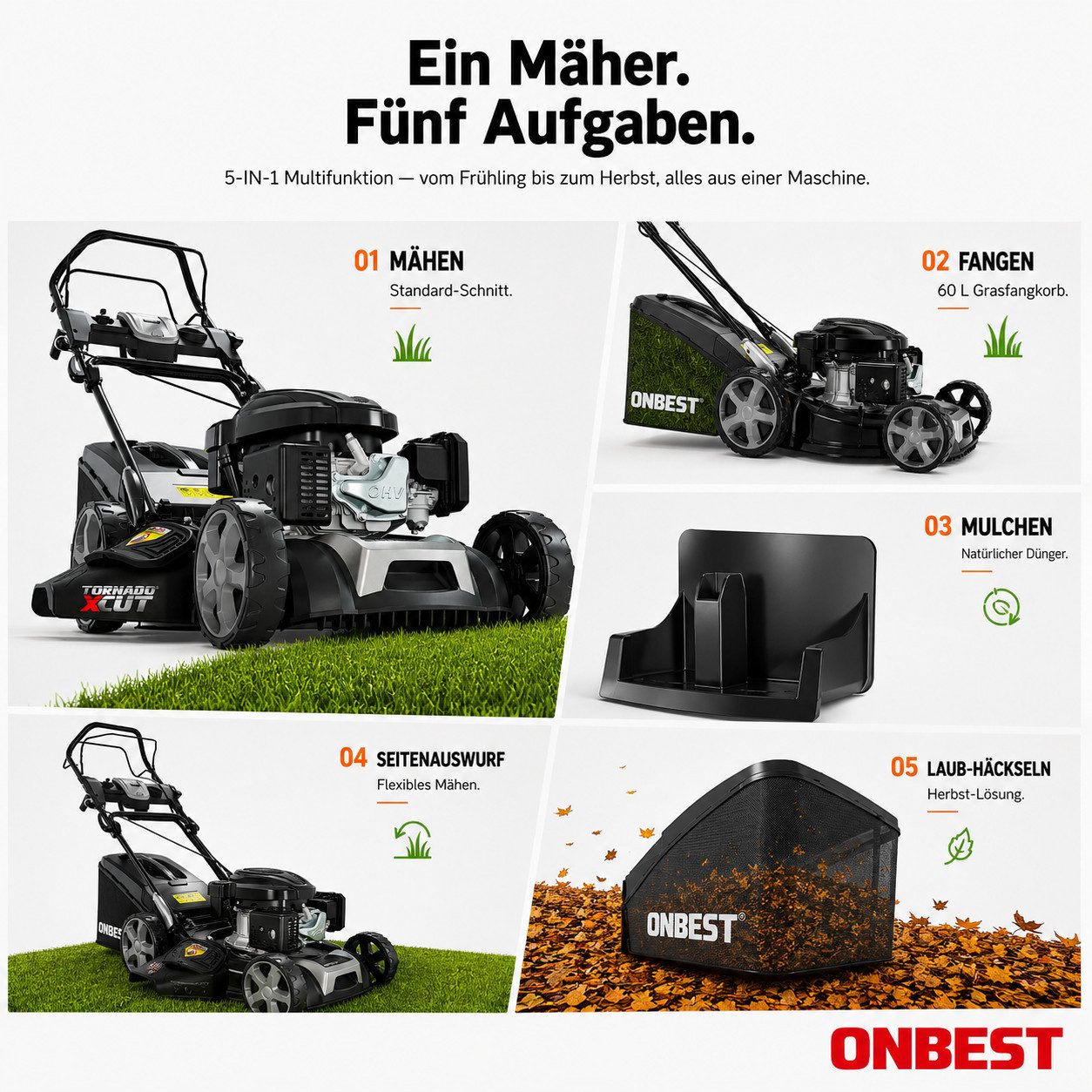 Onbest Benzinrasenmäher 5in1 mit Radantrieb Elektrostart Tornado X-Cut, 53.00 cm Schnittbreite, 6,5PS, Doppelmesser mit Sograd – Bild 5 von 5