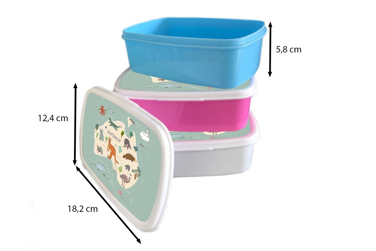 - - Lunchbox Australien Weltkarte Kunststoff, Kinder MuchoWow Erwachsene, (2-tlg), Brotdose Tiere Kinder, Brotbox für - Snackbox, - - Kinder, Kunststoff rosa Blau Mädchen,