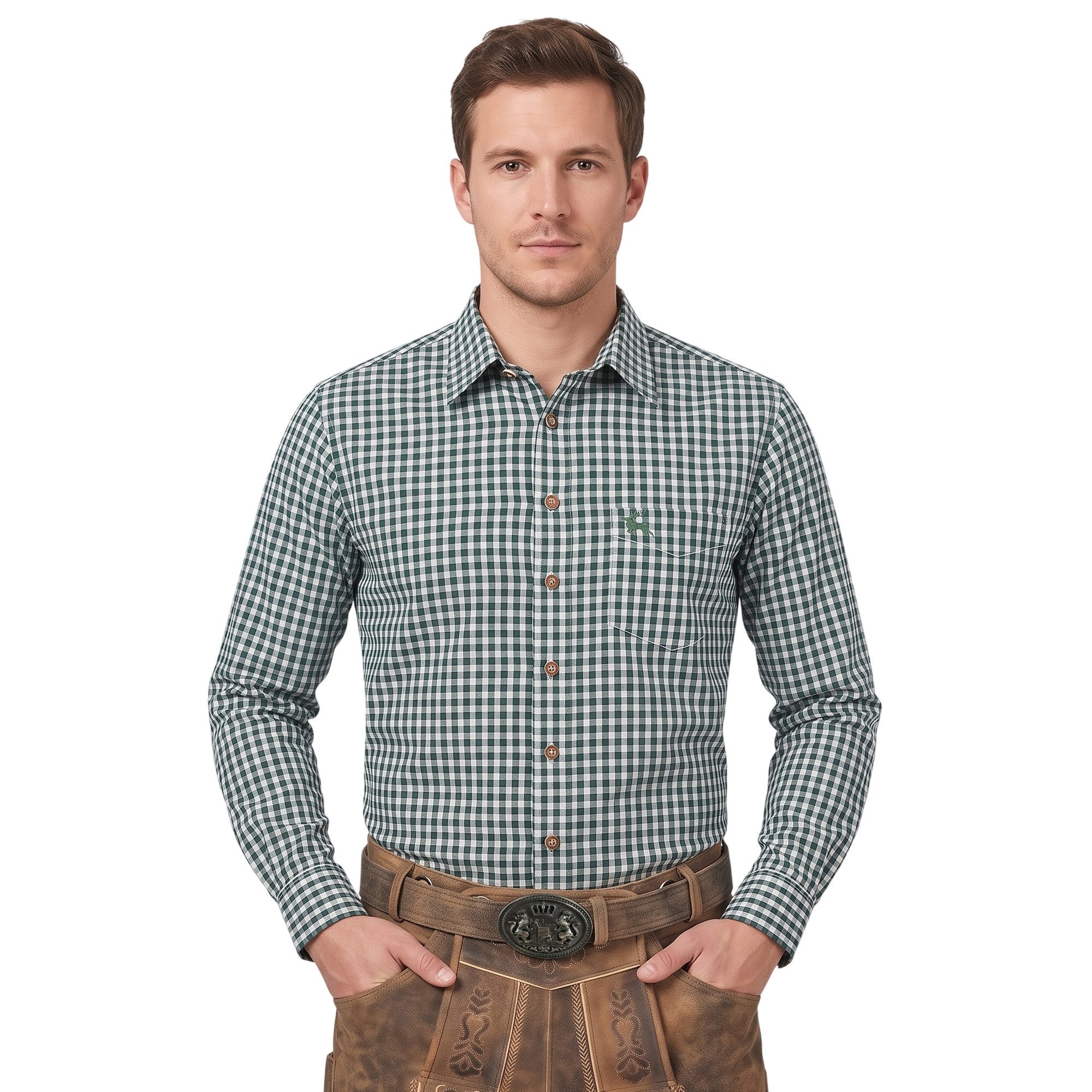 German Wear Trachtenhemd O54 Trachtenhemd für Lederhosen Langarm mit Hirsch Stickerei