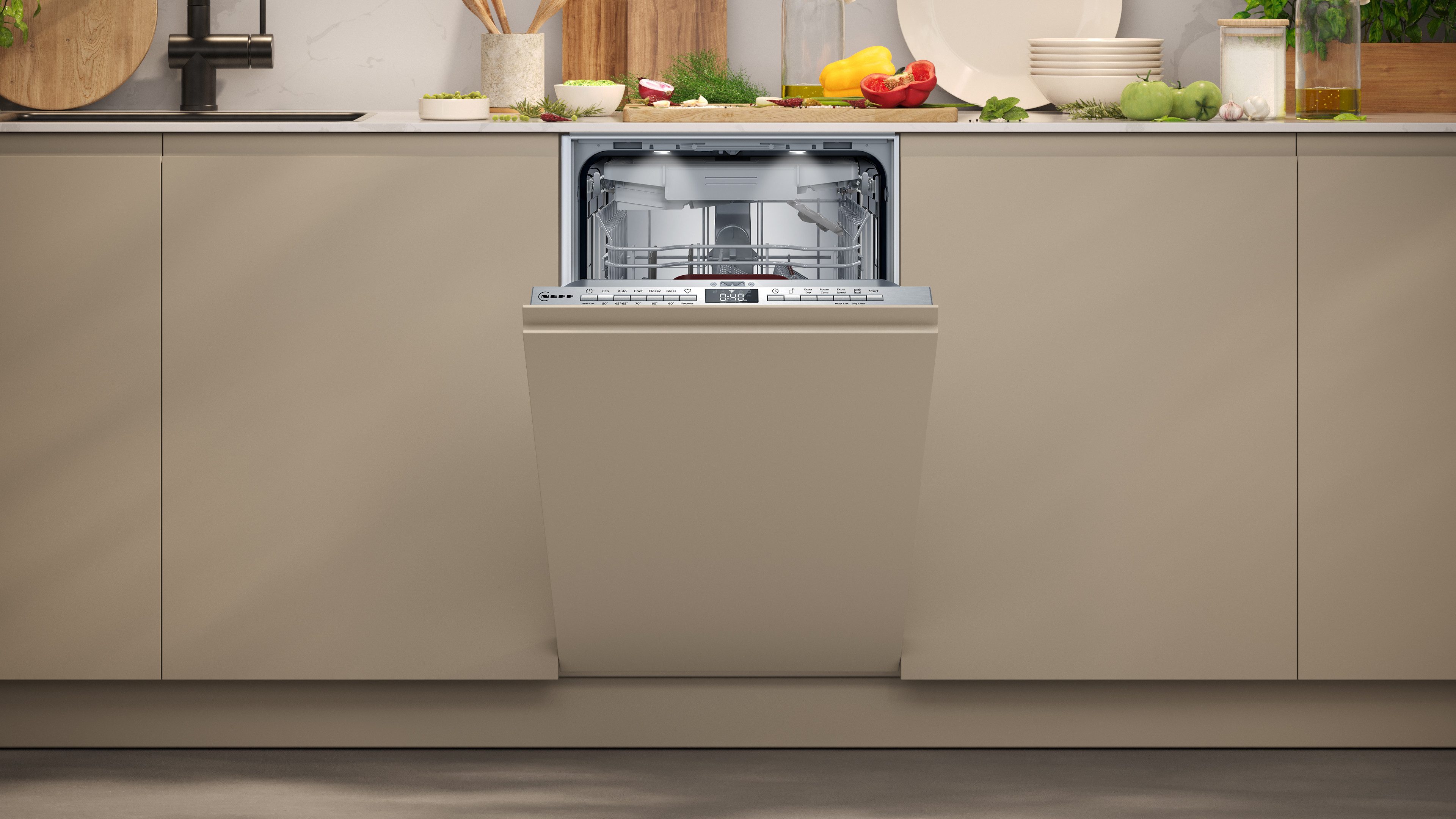 NEFF vollintegrierbarer Geschirrspüler N 50 S855EMX34E, 10 Maßgedecke, Automatische Türöffnung für Effizienz, flexible Körbe & Schubladen