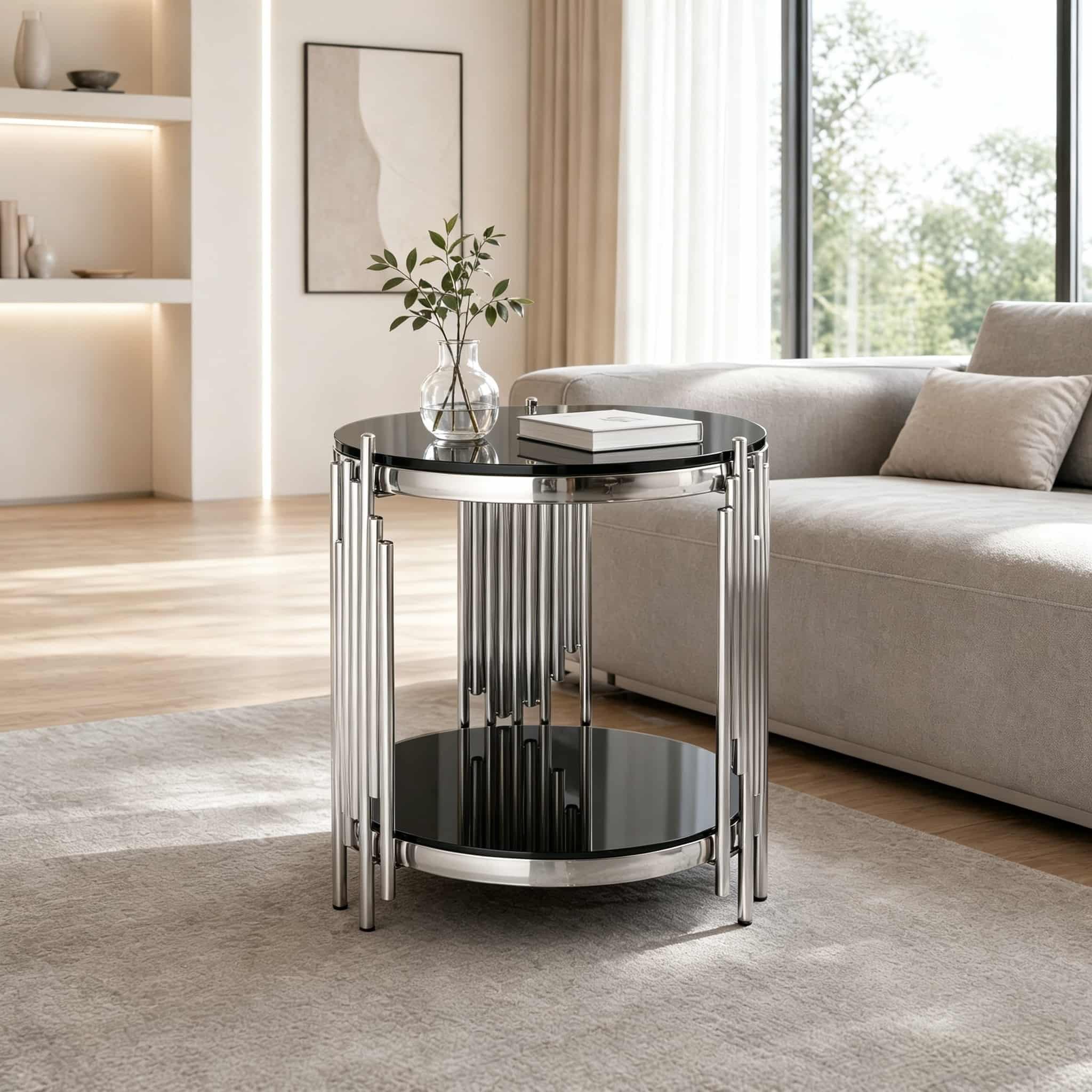 ANYSUN Couchtisch Glas-Endtisch rund, 2 Ebenen mit Glasplatte und Edelstahlrahmen (Einzelmöbelstück), modern und stabil 45 cm,für Wohnzimmer und Sofa