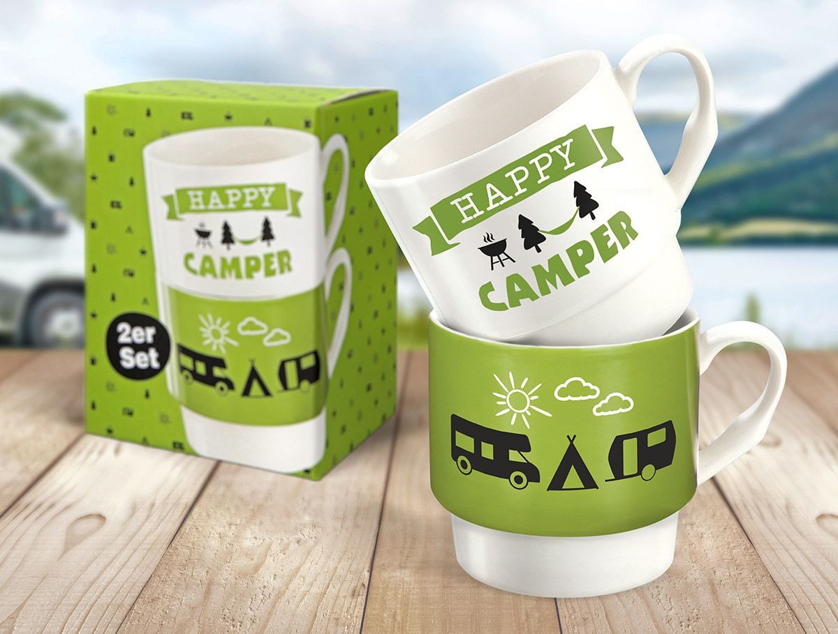 GILDE Tasse 2tlg. Set, Stapeltassen, "Camper", Schriftzug, Wohnwagenmotiv, 2-tlg., Porzellan