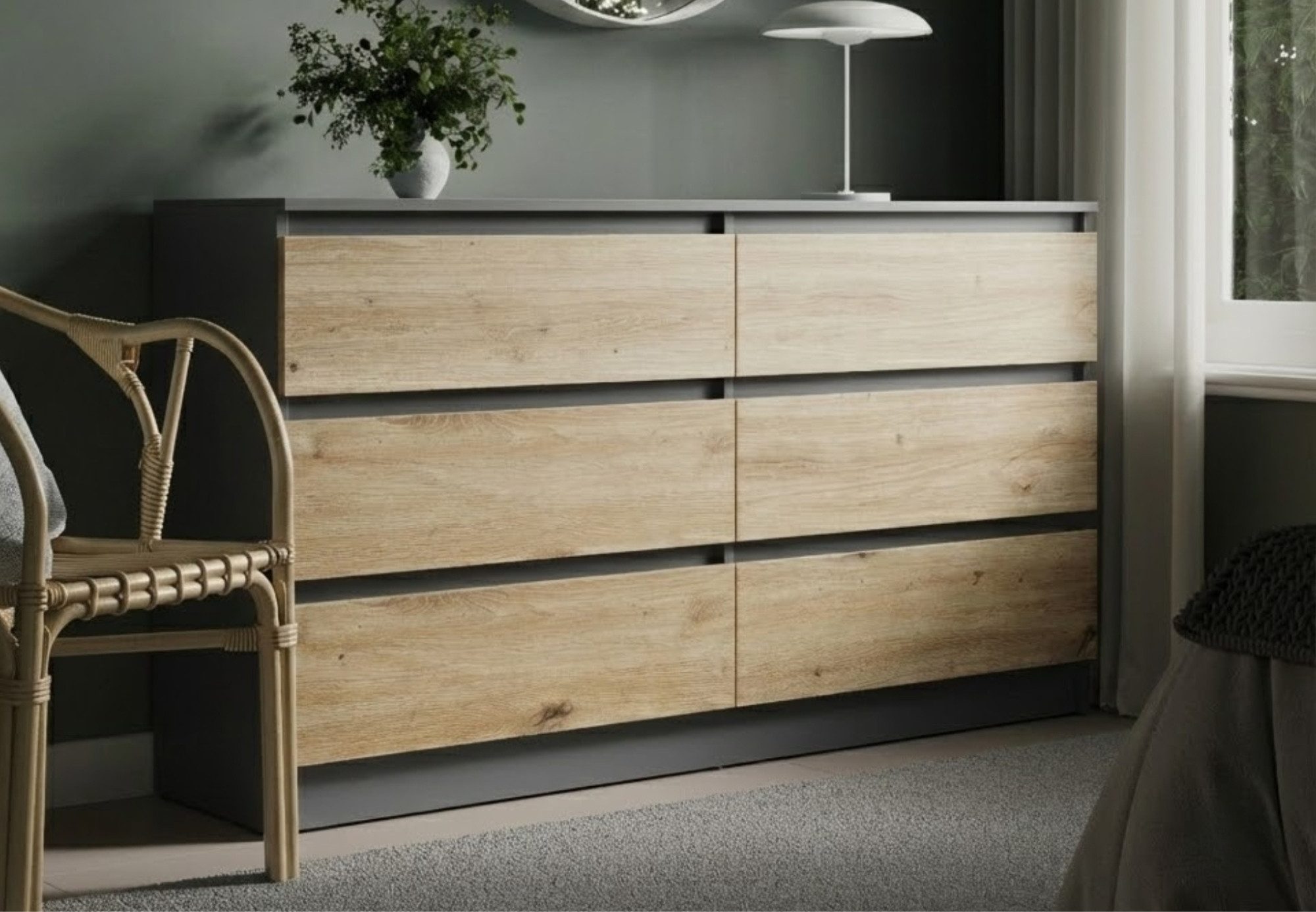 Home Collective Kommode mit 6 Schubladen 95, 120, 140 cm breit Holz Schrank (Highboard Anrichte Schlafzimmer Wohnzimmer Flur Büro Organizer), Kommode 140 cm breit Kommode Sideboard, Anthrazit / Artisan-Eiche