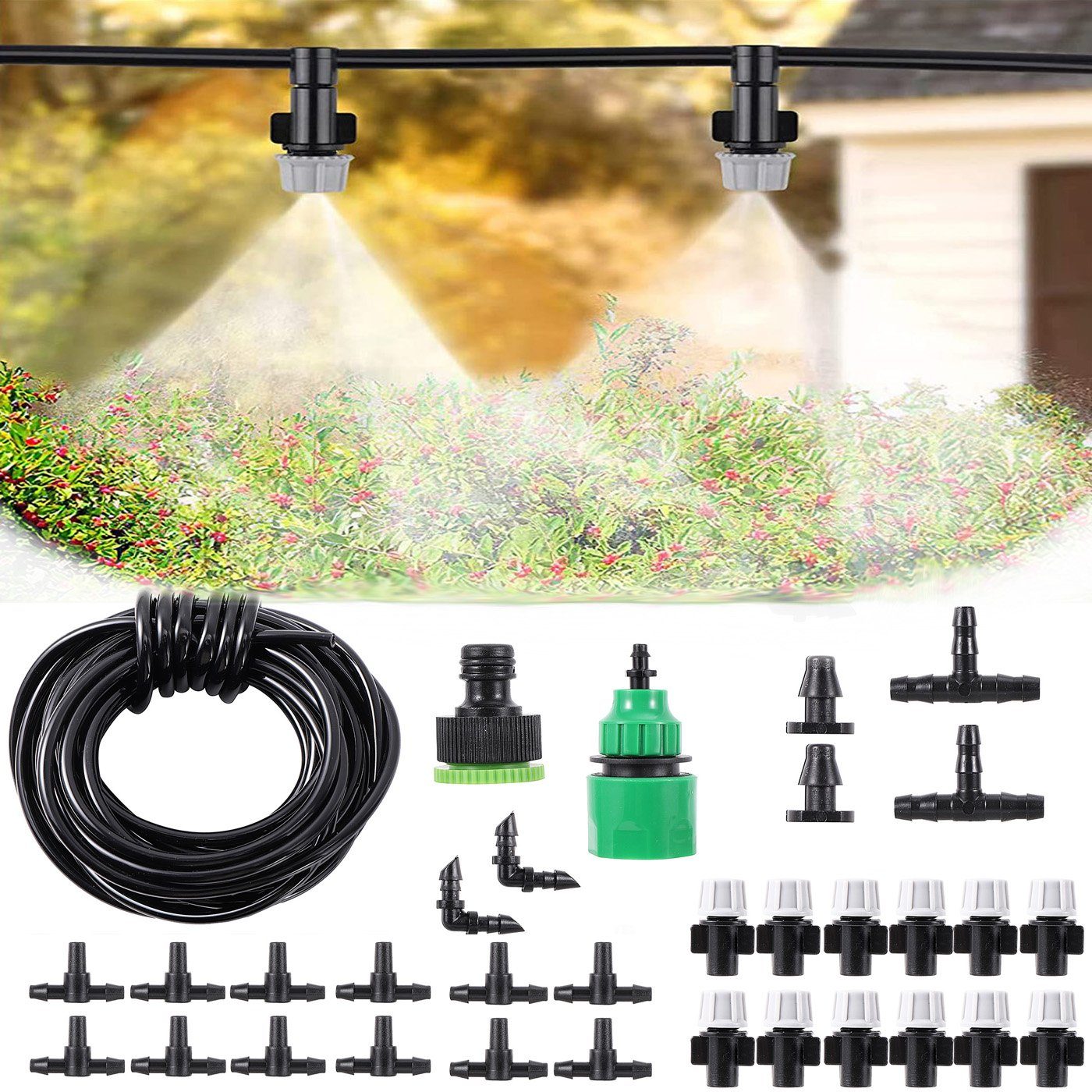 BTTO Bewässerungssystem Automatischer Bewässerungsmodus 5M/10M DIY-Tropfbewässerungsset, für Garten Gemüse Garten PflanzenNebelbewässerung, Kühlung