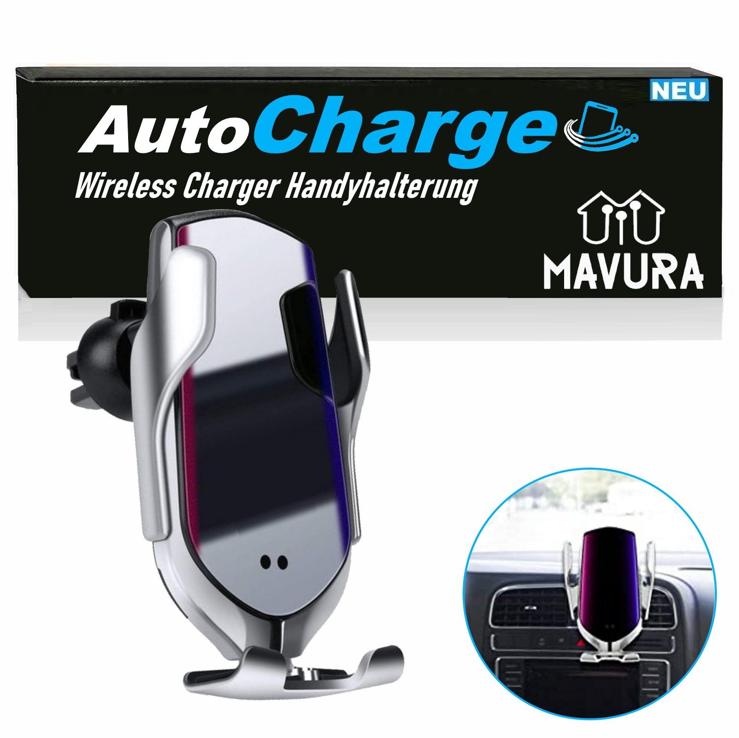 MAVURA AutoCharge Qi Auto Wireless Charger Handyhalterung KFZ Schnelllade-Gerät (Kabelloses Automatik Ladegerät Handy Smartphone)