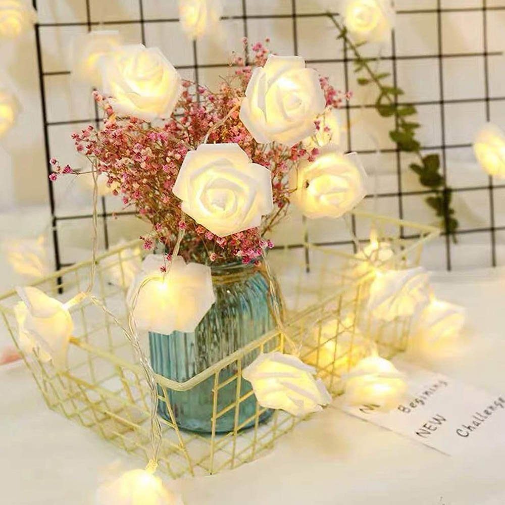 MUPOO LED-Lichterkette LED Nachtlicht 3M Girlande,Kunstblume für Rose,LED Rose Party Warmweiß,Batterie, Weihnachten,Blumengirlande 20LEDs Garten Dekolicht