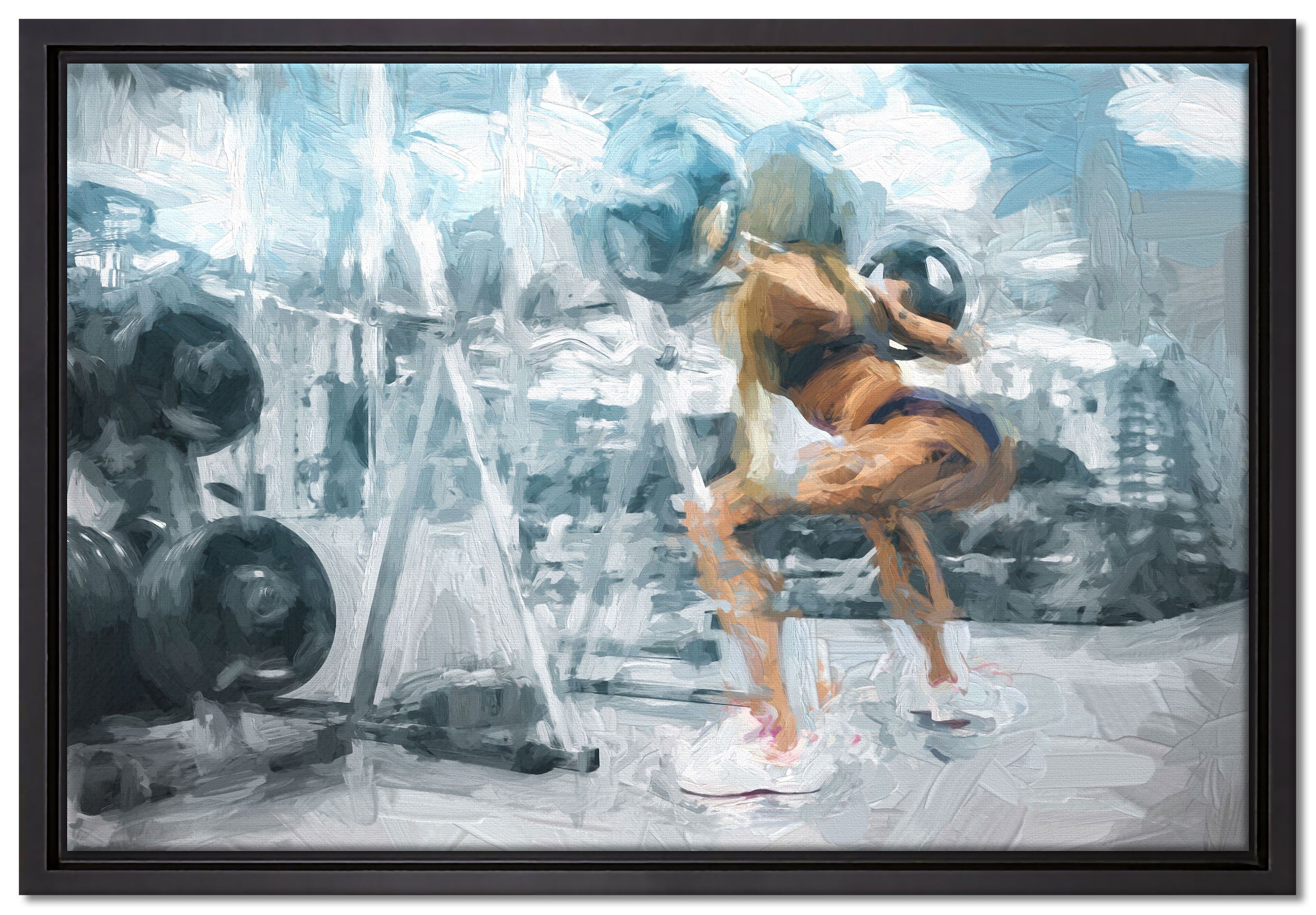 Pixxprint Leinwandbild Sportliche Frau mit Hantelstange, Wanddekoration (1 St), Leinwandbild fertig bespannt, in einem Schattenfugen-Bilderrahmen gefasst, inkl. Zackenaufhänger