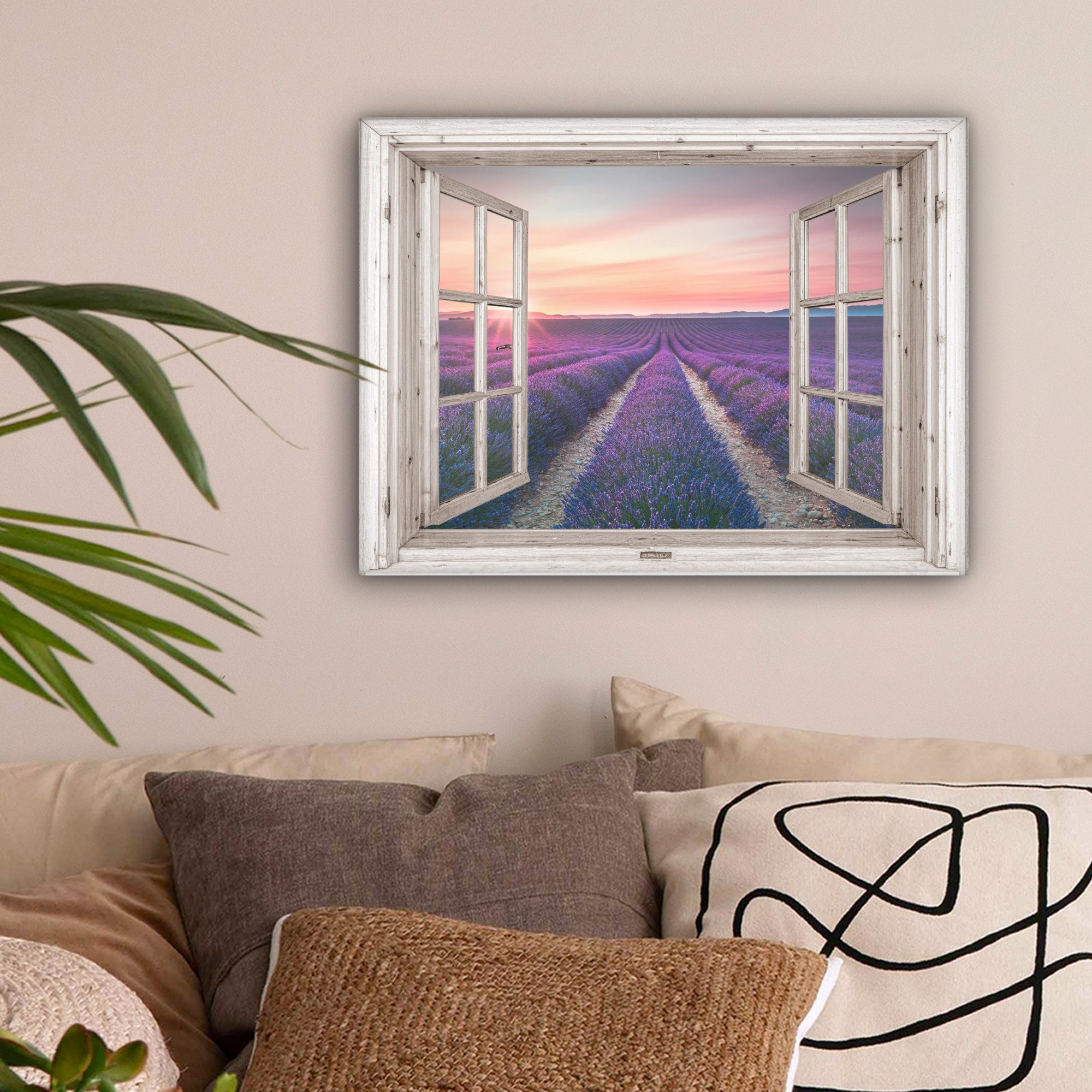 OneMillionCanvasses® Leinwandbild Fensterblick - Fenster - Lavendel - Blumen - Holz - Sonnenuntergang -, Fotodruck (1 St), Wandbild Leinwandbilder, Aufhängefertig, Wanddeko 40x30 cm