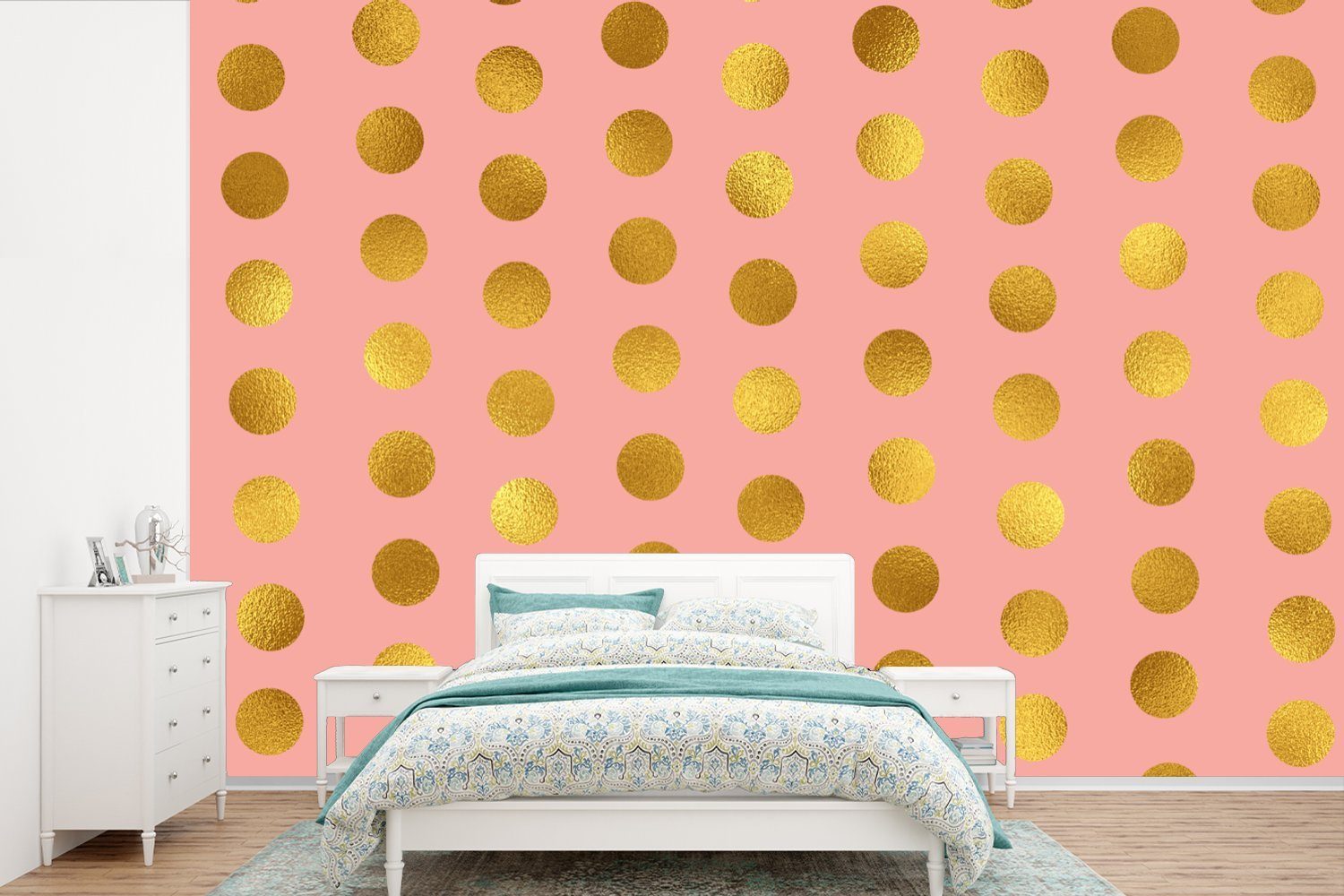 MuchoWow Fototapete Muster - Punkte - Rosa - Gold, Matt, bedruckt, (6 St), Wallpaper für Wohnzimmer, Schlafzimmer, Kinderzimmer, Vinyl Tapete