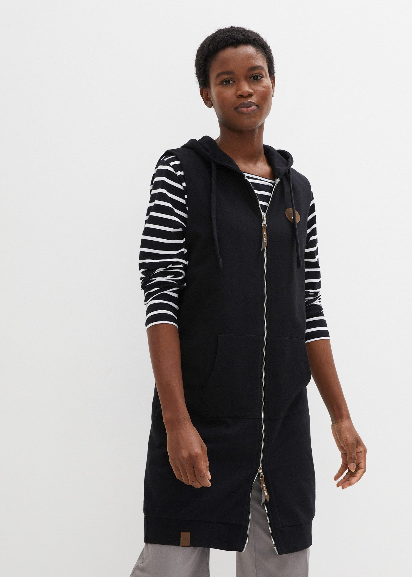 bonprix Sweatweste aus Baumwolle und Polyester, lange Weste mit Kapuze