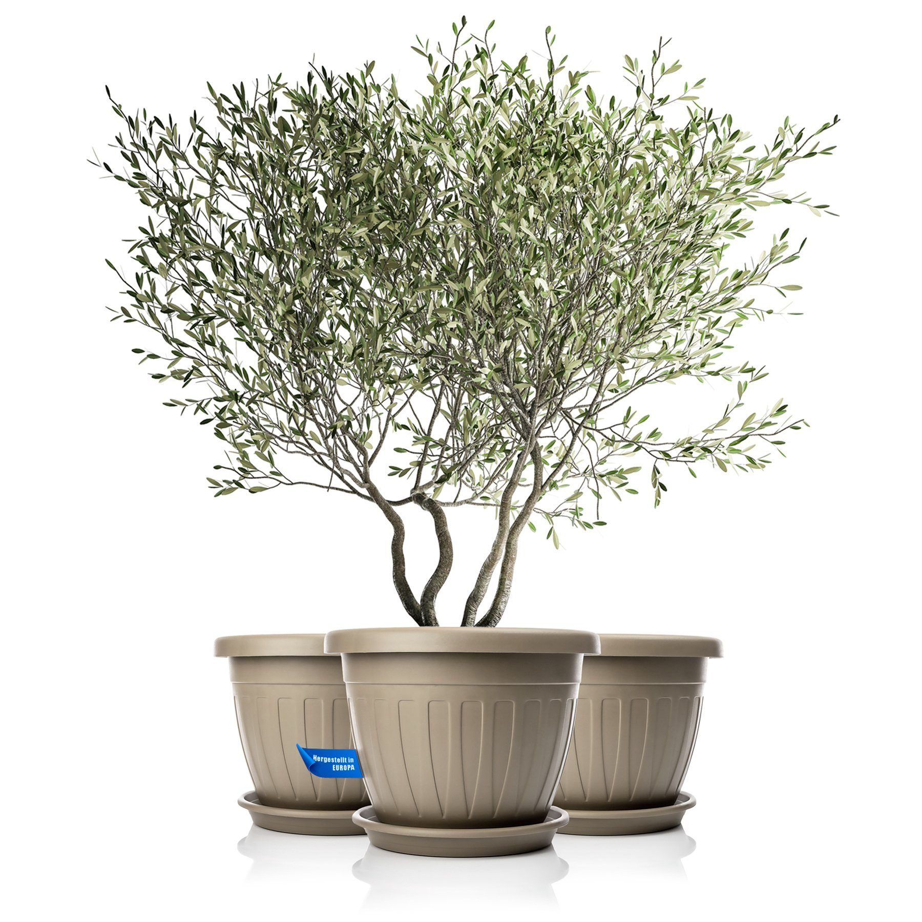 BigDean Blumentopf 3x Pflanzkübel mit Untersetzer rund ø50xH38 cm Mokka/braun (Set, 3 St., Pflanzkästen), Blumentopf, Pflanzkübel, Wetterfest, UV-Beständig, Langlebig