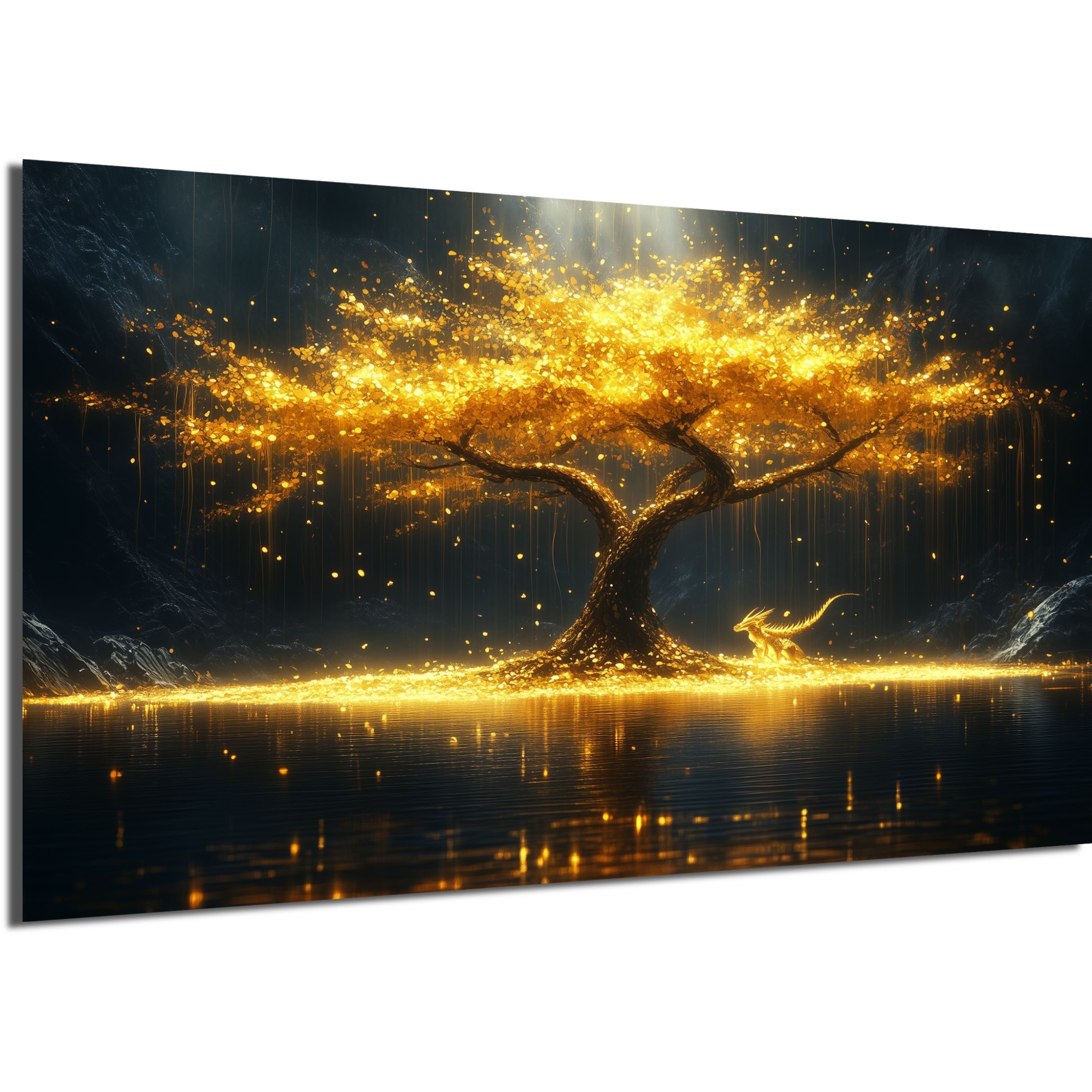 DARO Design Leinwandbild Modern Abstrakt Wandbilder XXL Wandbild Wand Deko Leinwand Bilder, (Baum im goldenen See - Bild groß Wohnzimmer Schlafzimmer Küche Esszimmer Einteilig Querformat Fotodruck Leinwände Wanddeko Abstrakte Kunst Boho), 30x20cm