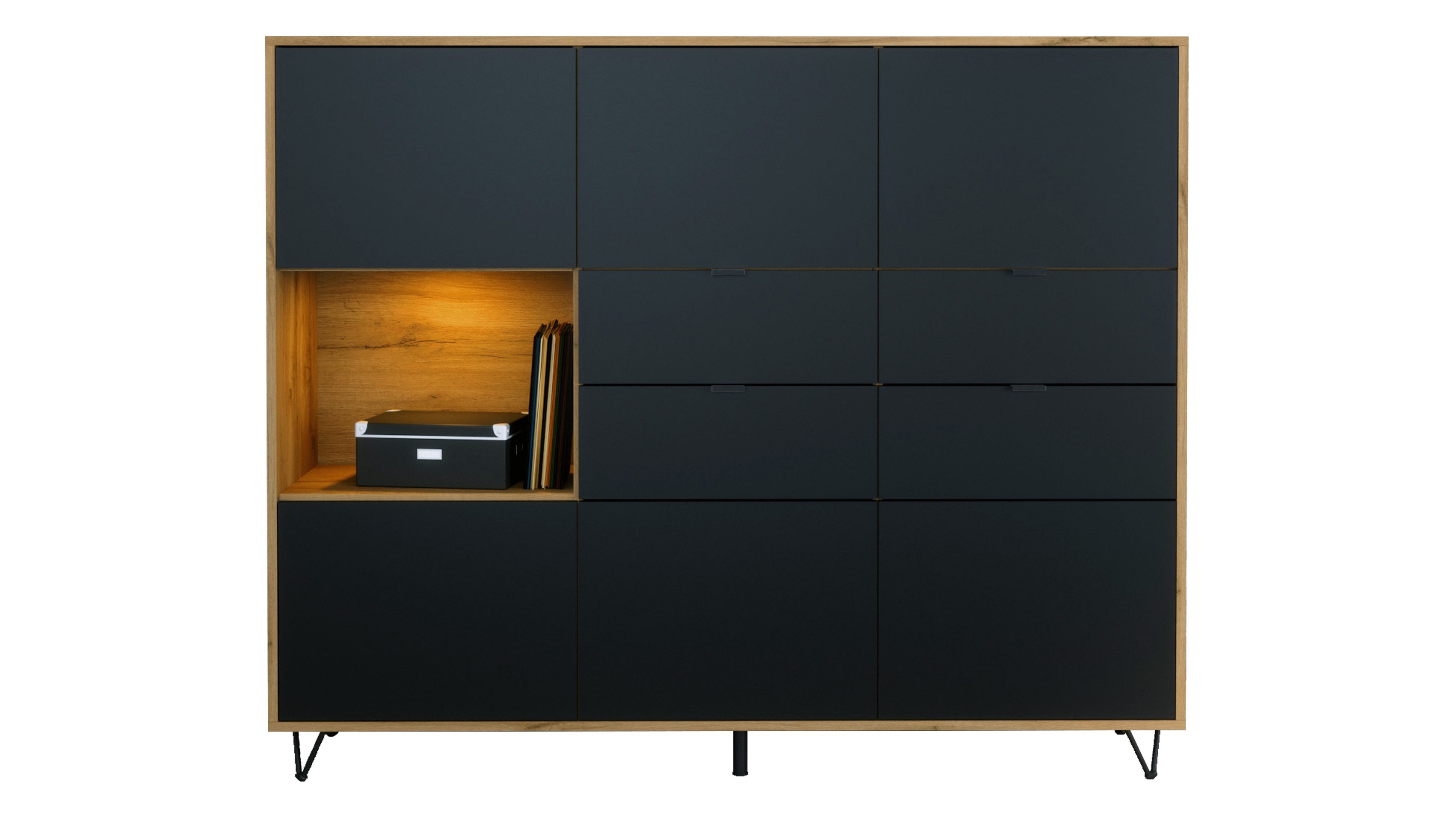 Vladon Highboard Marino (Highboard mit 6 Türen Schwarz matt, 4 Schubladen Schwarz matt, inkl. LED, Made in Germany), Korpus Eiche Evoke (152,5 x 125,5 x 37 cm)