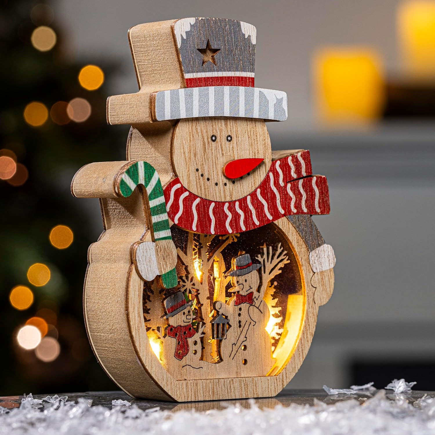 mucHome LED-Dekofigur LED Holzdeko Schneemann & Weihnachtsmann 5 warmweiße LEDs Beleuchtung – Bild 2 von 2