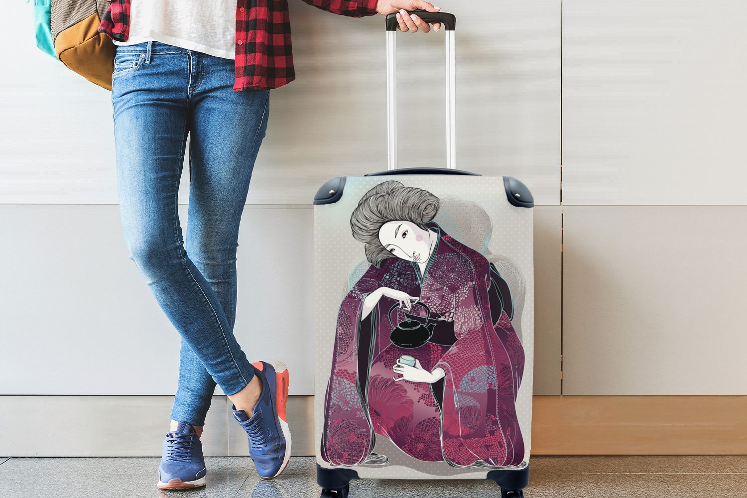 Handgepäck - rollen, 4 Teekanne, Illustrationen mit für Reisetasche Trolley, Reisekoffer Ferien, Rollen, Frau MuchoWow - Handgepäckkoffer Japanische