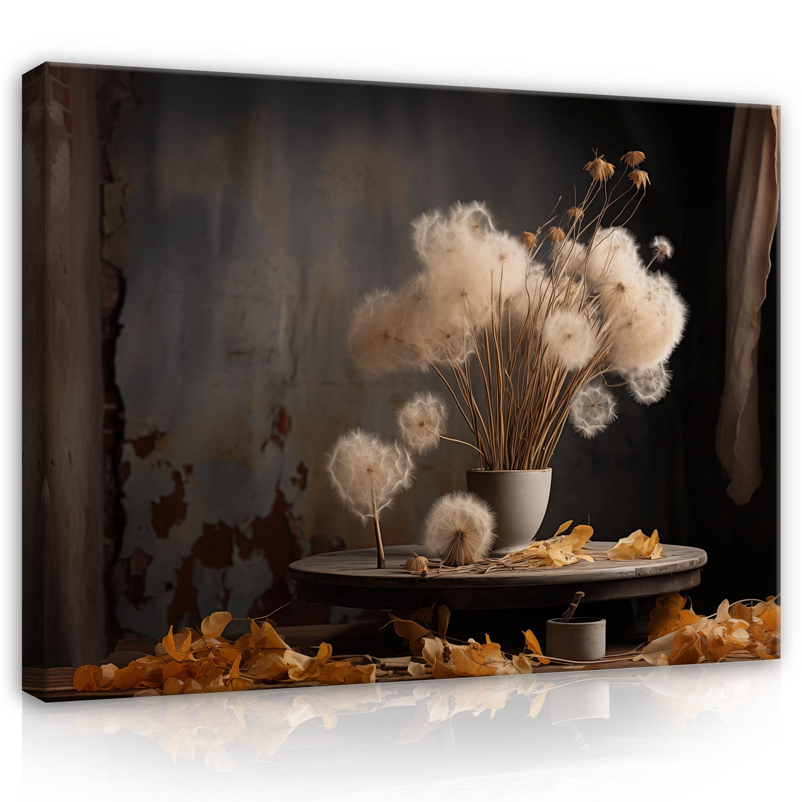 Wallarena Leinwandbild Löwenzahn Vase Stilleben Blumenstrauß Beige Blumen W günstig online kaufen