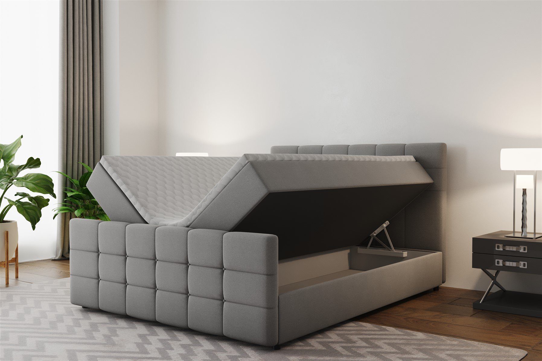 Fun Möbel Boxbett Schlafzimmerbett SENON 200er in Stoff neue Farben (inkl. Bettkästen, inkl. Kaltschaumtopper), Gepolstertes und Gestepptes Kopf- und Fußteil