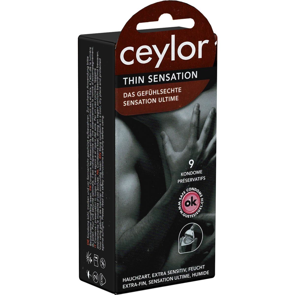 Ceylor Kondome Thin Sensation (extradünne Kondome) Packung mit, 9 St., im hygienischen "Dösli", einfach zu öffnen, schnelleres Überziehen