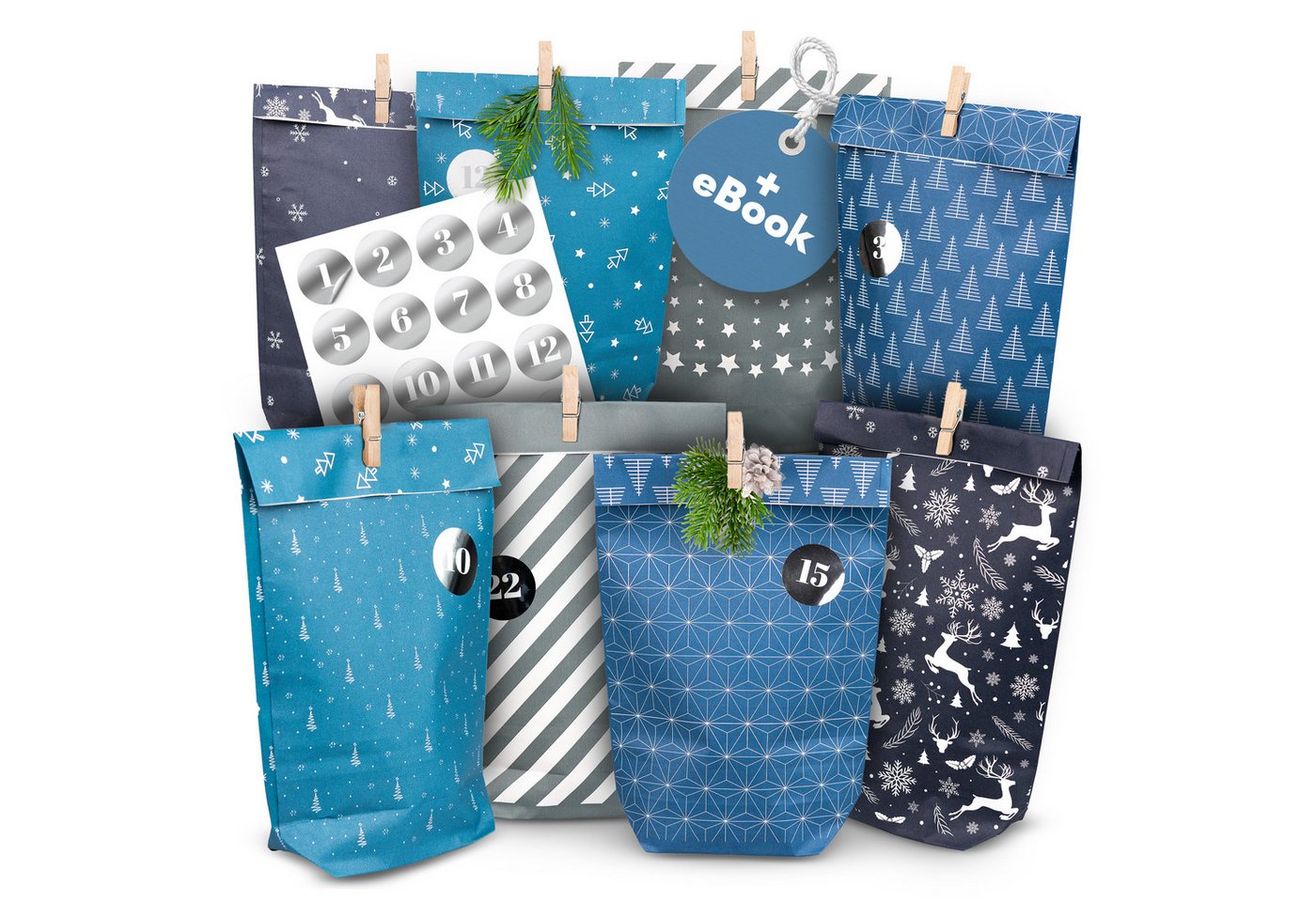 Amari befüllbarer Adventskalender Adventskalender zum Befüllen 2026, 24 Papiertüten 14×22 cm mit Zahlen (DIY Set, 72-tlg), Designs für Kinder & Erwachsene, wiederverwendbar, Ideen zum Befüllen
