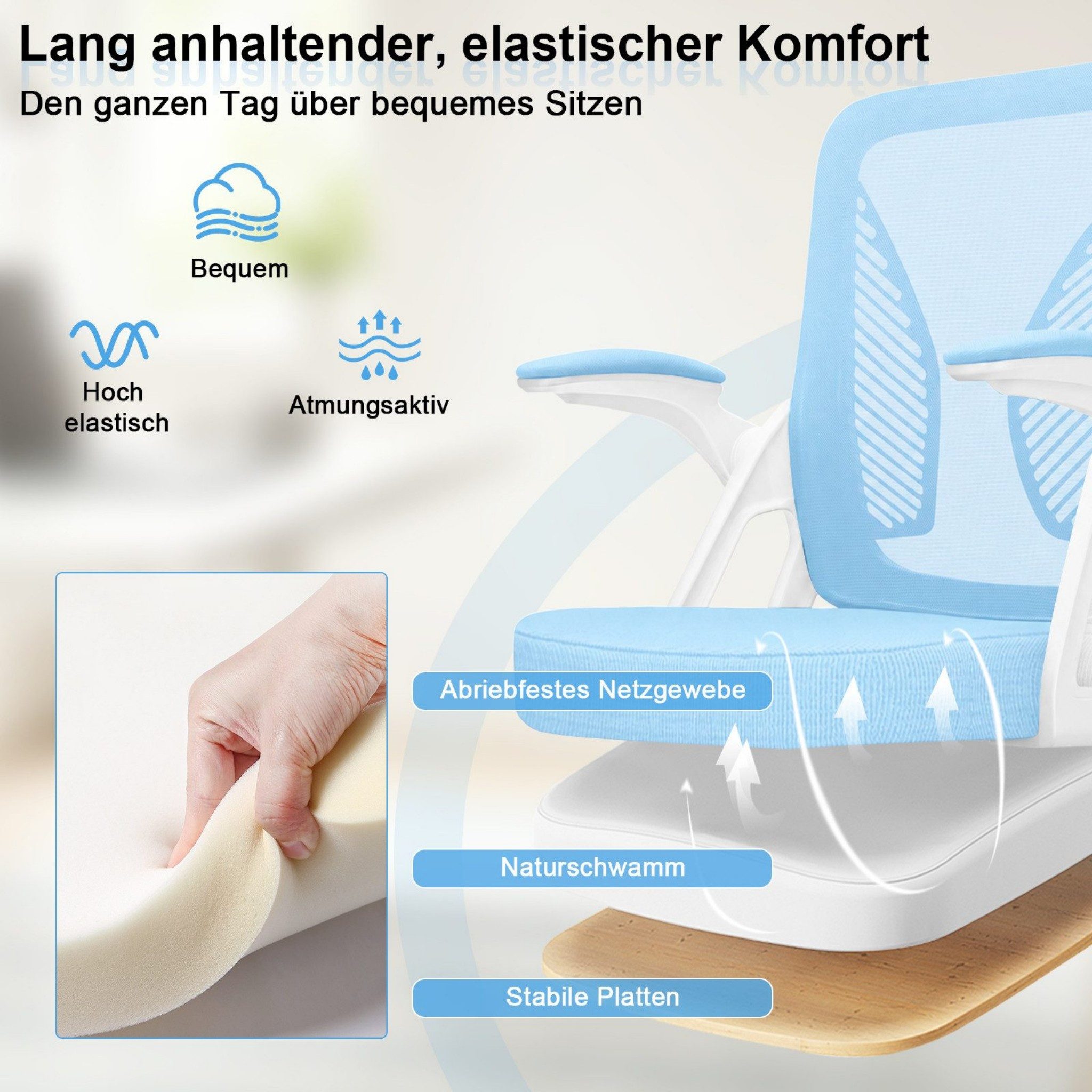 Milacyee Bürostuhl Ergonomischer Bürostuhl mit 90° klappbaren, gepolsterten Armlehnen (Höhenverstellbarer Atmungsaktiv Chefsessel mit geräuscharmen Rollen,Drehs – Bild 4 von 5