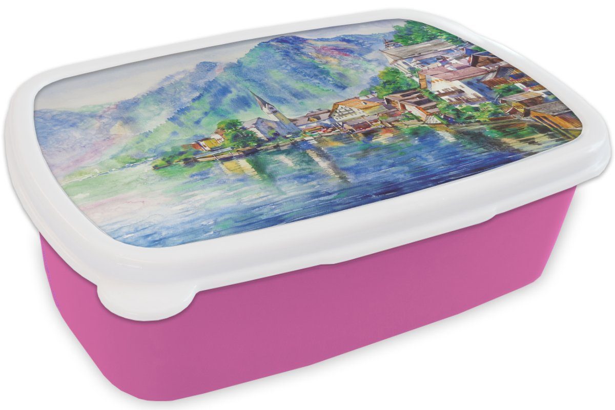 MuchoWow Brotbox Snackbox, Haus Ölfarbe Kunststoff Kunststoff, für - Berge Erwachsene, Brotdose - Mädchen, Kinder, Lunchbox - (2-tlg), rosa Gemälde - Wasser,