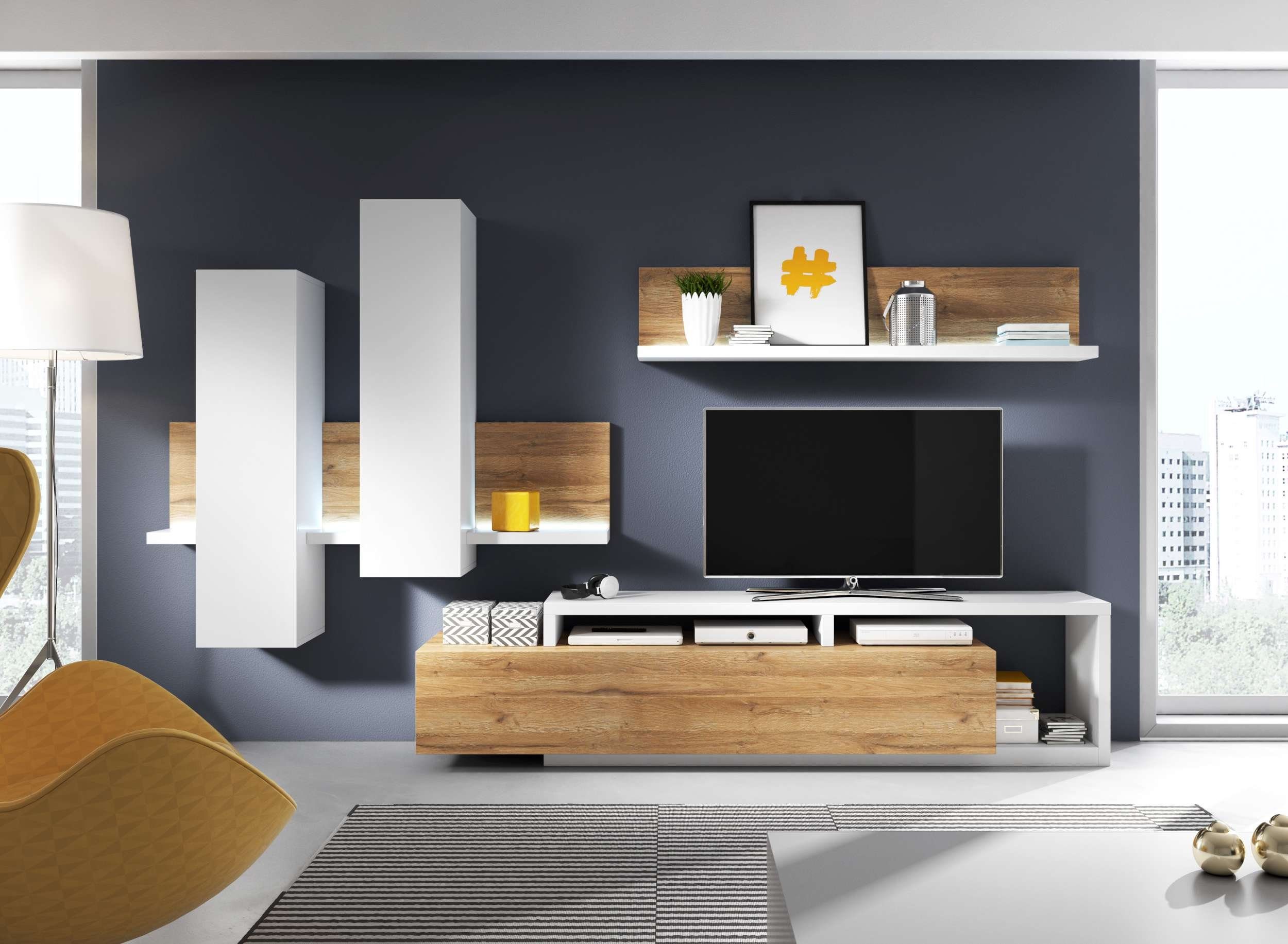 Stylefy Wohnwand Monstera, (Set (3-St), Wohnzimmer-Set), bestehend aus 1xHängevitrine, 1xLowboard und 1xWandboard, inkl. LED-Beleuchtung, variabel stellbar, Modern Design Weiß - Grandson Eiche