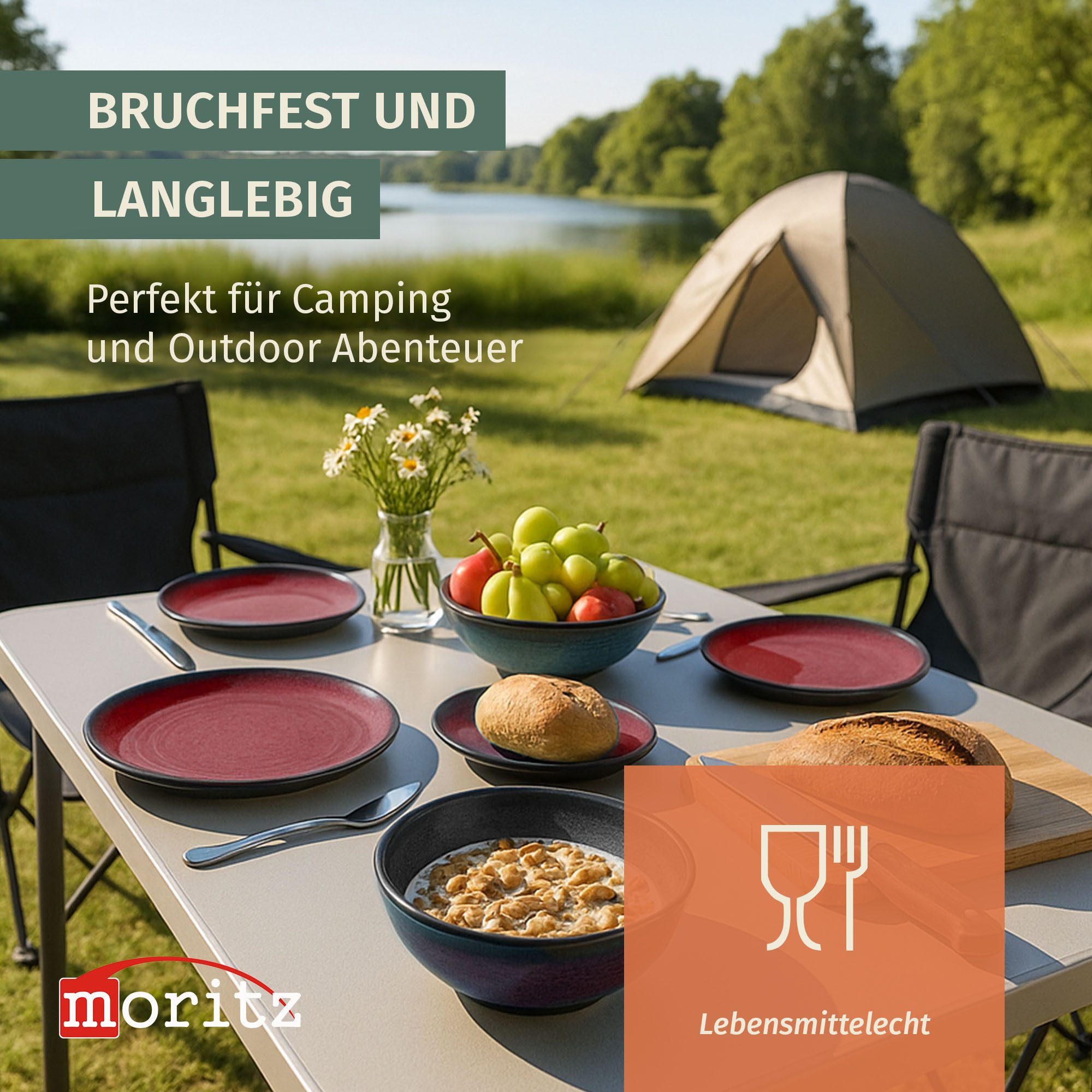 Moritz Geschirr-Set Camping Geschirr Stone Red + Milano Weißweingläser