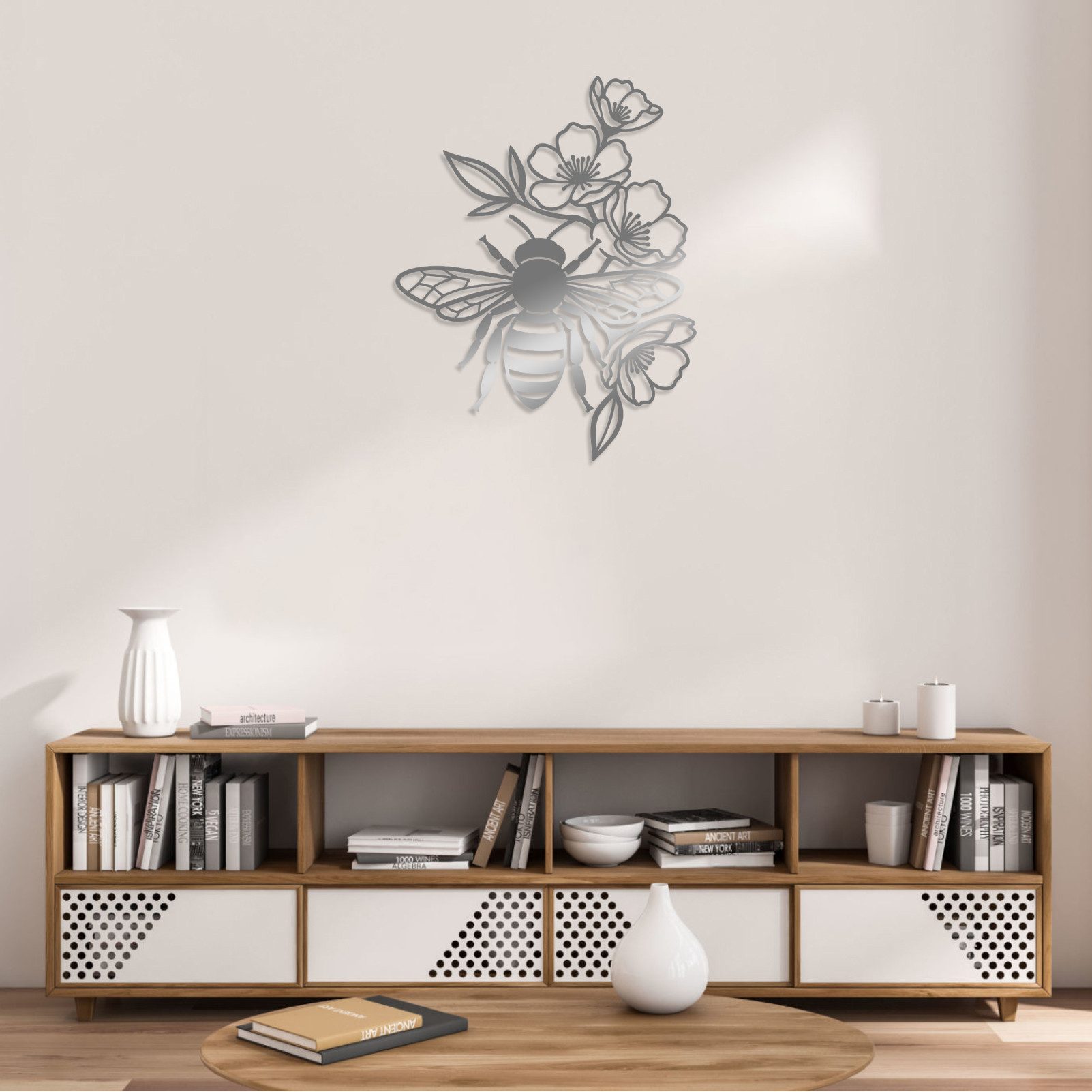 Jumpeak Wanddekoobjekt Wanddekoration mit Bienen und Blumen, Blätter,Gartenmotive, Silhouetten, Metall, 4 Farben, 2 Größen, Wanddekoration für das Wohnzimmer,Frische