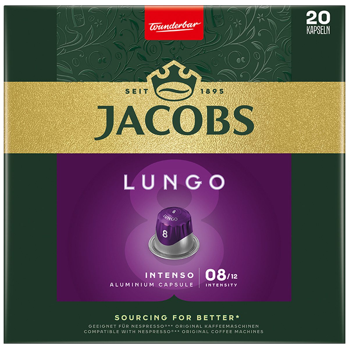 JACOBS Kaffee, Jacobs Kapseln Lungo 8 Intenso 20 Aluminium Kapseln für Nespresso 104g