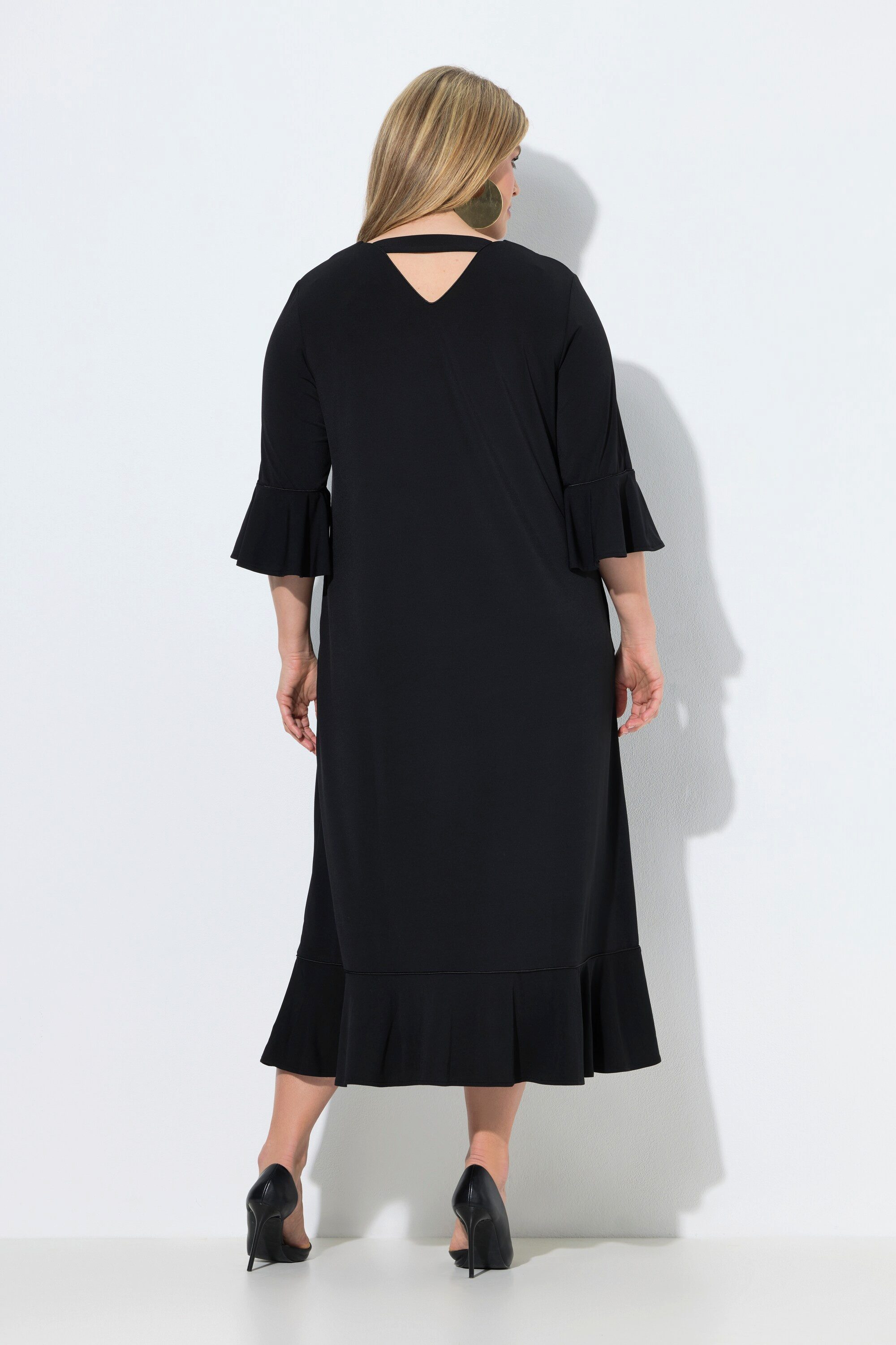Ulla Popken Jerseykleid Maxikleid Volants A-Linie V-Ausschnitt 3/4-Arm