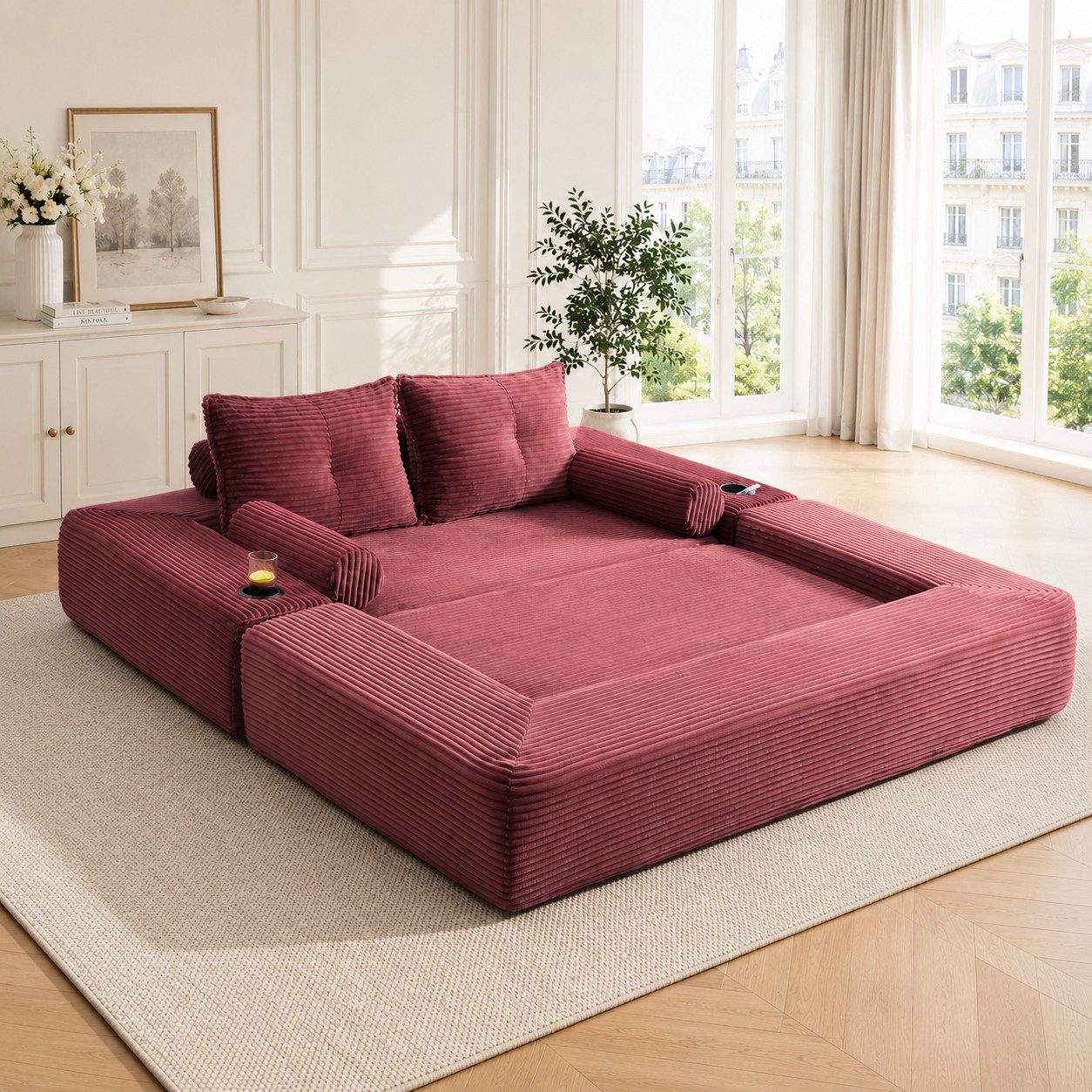 HAUSS SPOLE Schlafsofa 2-Sitzer Klappsofa aus Cord,Loungesofa mit Getränkehalter & Armlehne, Cord-Multifunktionssofa mit hochdichtem Schaumstoff und Reißverschluss, Zweisitzer ausklappbare Schlafcouch-Funktion