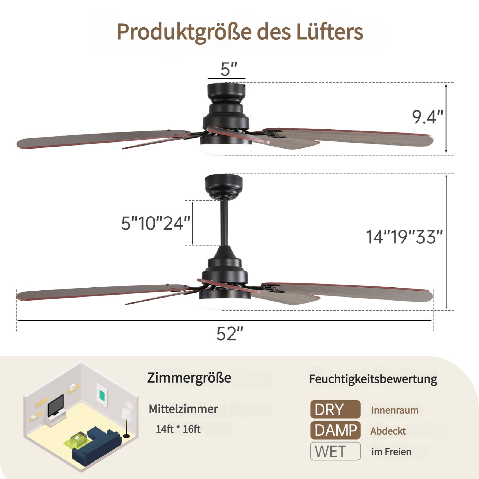Sofucor Deckenventilator mit Licht und Fernbedienung, DC, 132 cm, 5 doppelf günstig online kaufen