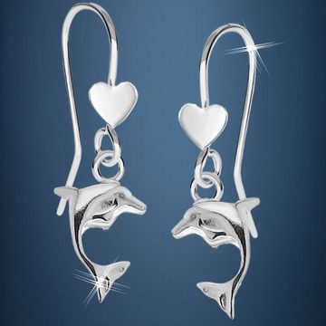Goldene Hufeisen Paar Ohrhaken Delfine Herz Ohrringe 925 Silber Ohrhänger, anlaufgeschützt