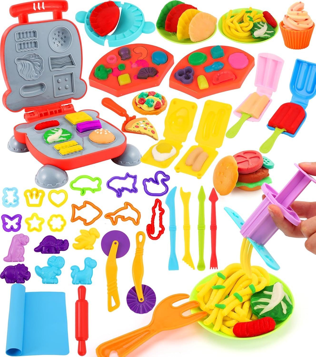 Ophy Spiellebensmittel 48-teiliges Knete Zubehör Set – Hamburger-Maker, Eismaschine, (1-tlg., Pizza- & Nudel-Werkzeuge), Küchenspielzeug, Geschenk für Mädchen & Jungen
