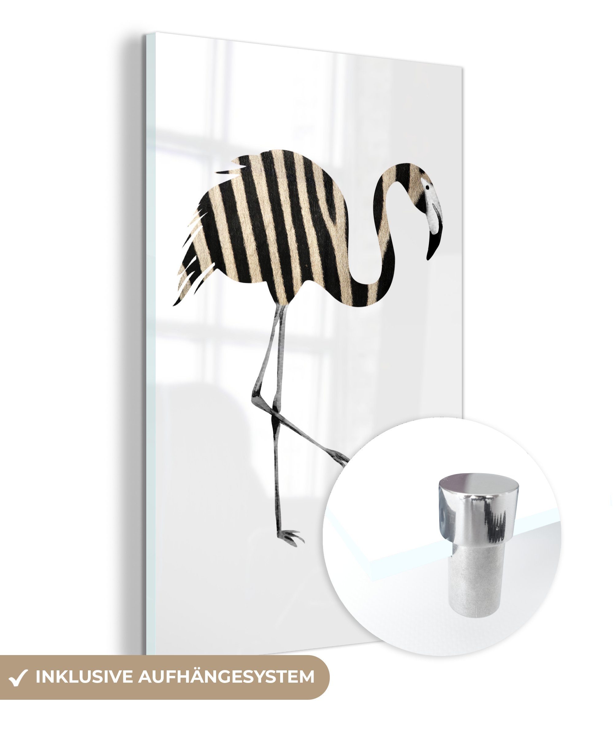 MuchoWow Acrylglasbild Flamingo - Zebra - Schwarz und weiß, (1 St), Glasbilder - Bilder auf Glas Wandbild - Foto auf Glas - Wanddekoration bunt