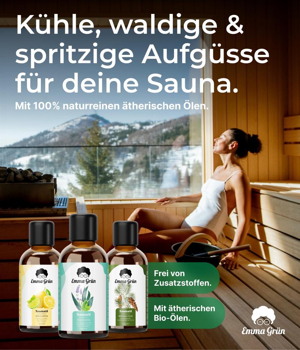 Thumbnail - Emma Grün Sauna-Aufgussset holzig, frisch & spritzig, 3x 100ml (3-tlg) 100% naturreine ätherische Bio-Öle