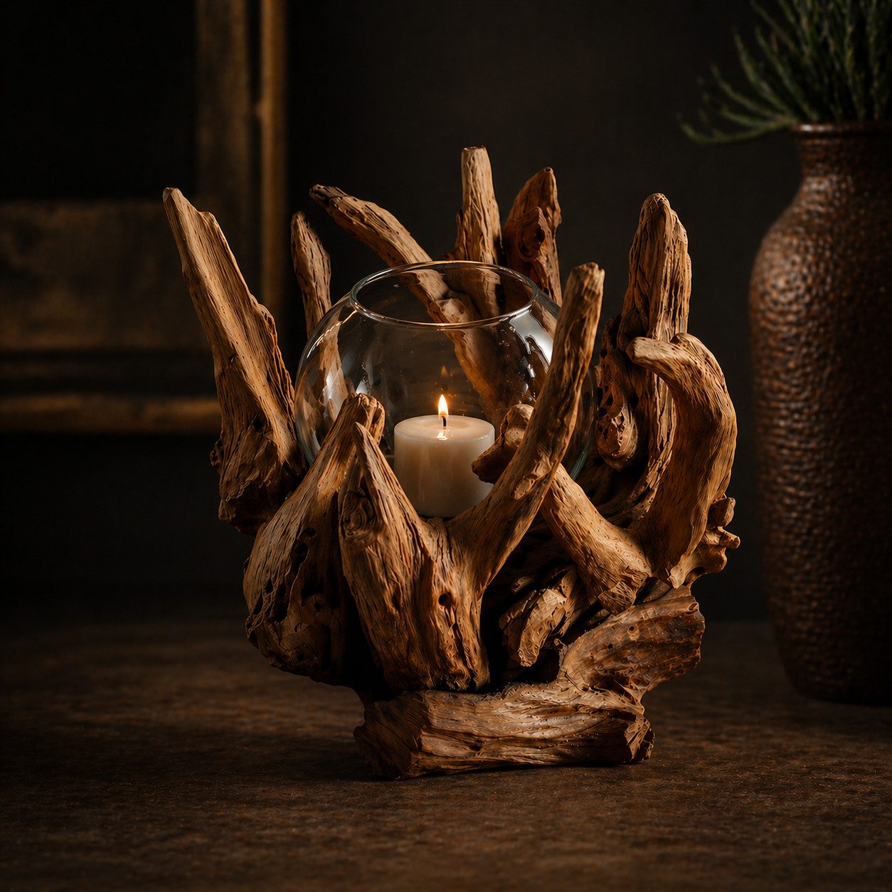 Möbel Bressmer Kerzenständer VILLA Kerzenhalter aus Holz, Kerzenständer aus Teakwurzelholz mit Glas